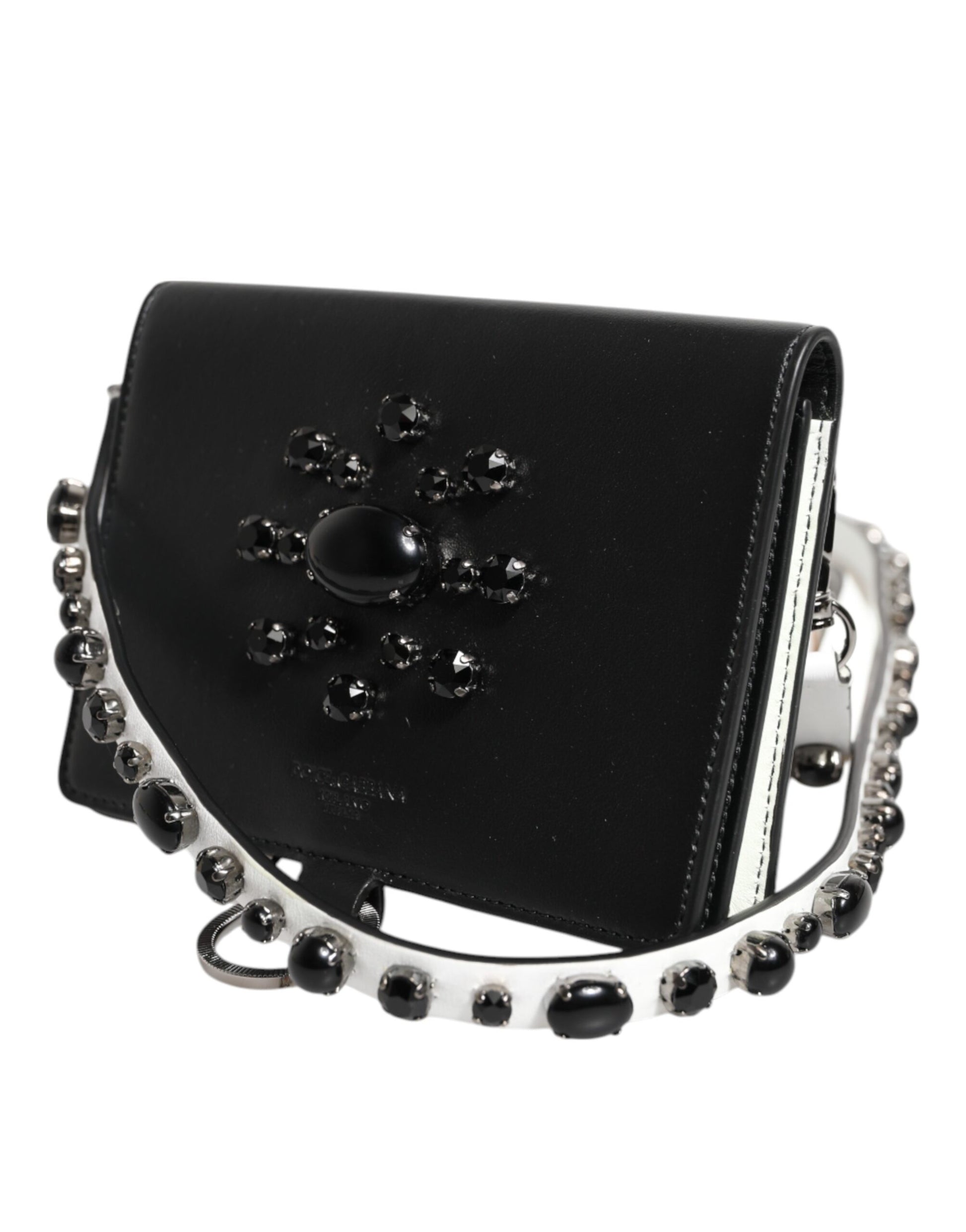 Dolce & Gabbana Black Leather Crystal Embellished Card Holder Wallet Curated Luxury Accessories by Orvyn