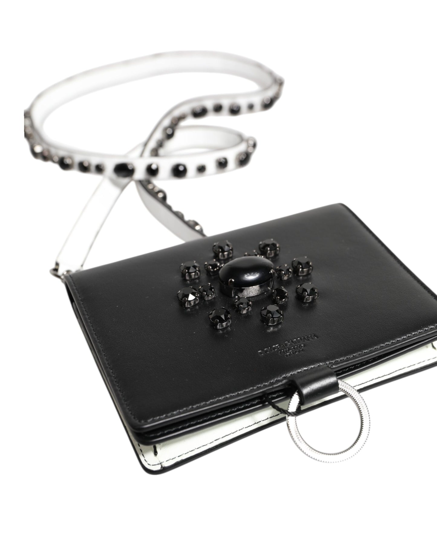Dolce & Gabbana Black Leather Crystal Embellished Card Holder Wallet Curated Luxury Accessories by Orvyn