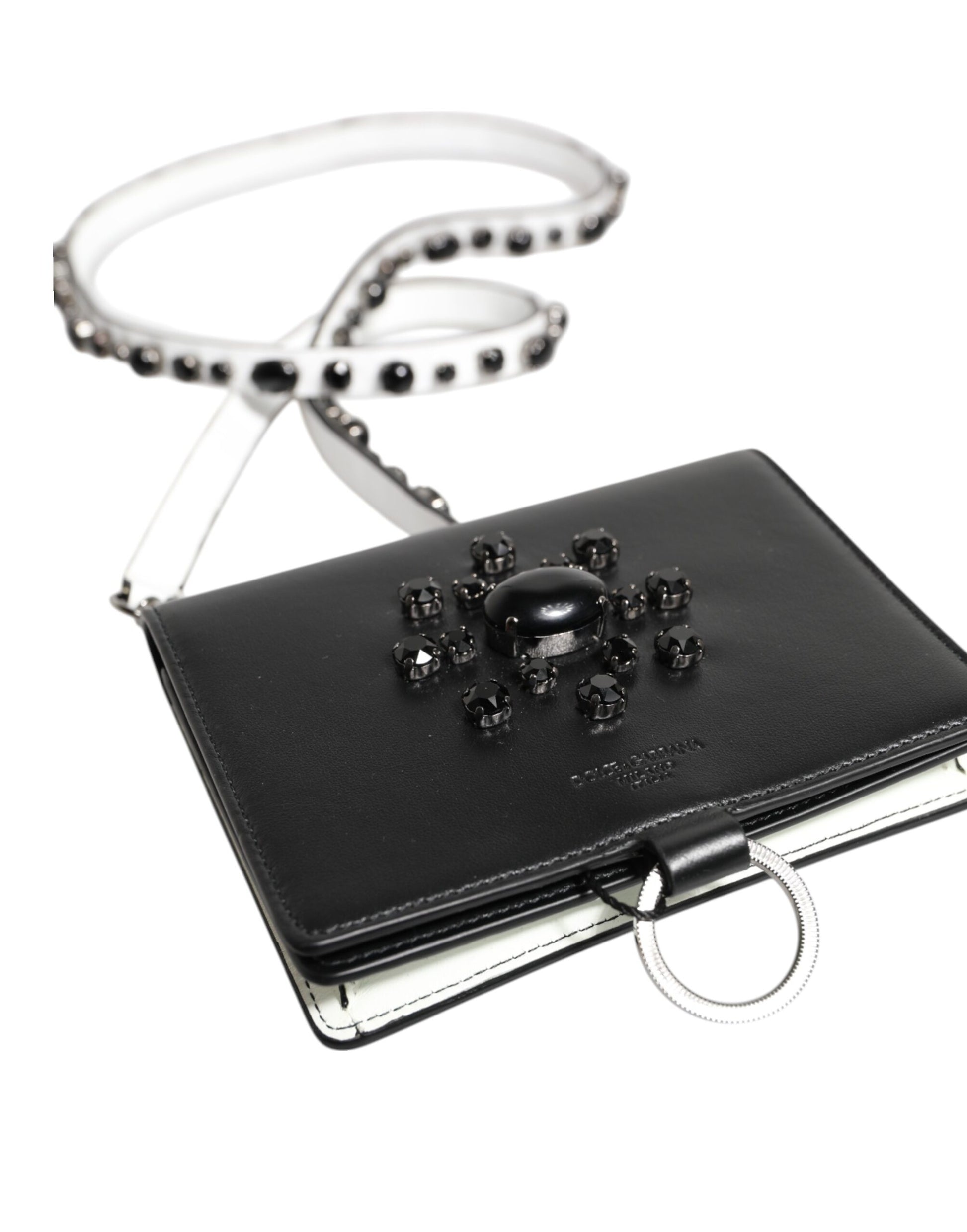 Dolce & Gabbana Black Leather Crystal Embellished Card Holder Wallet Curated Luxury Accessories by Orvyn