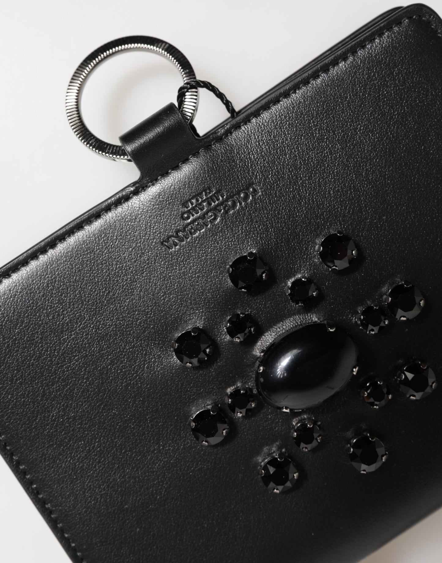 Dolce & Gabbana Black Leather Crystal Embellished Card Holder Wallet Curated Luxury Accessories by Orvyn