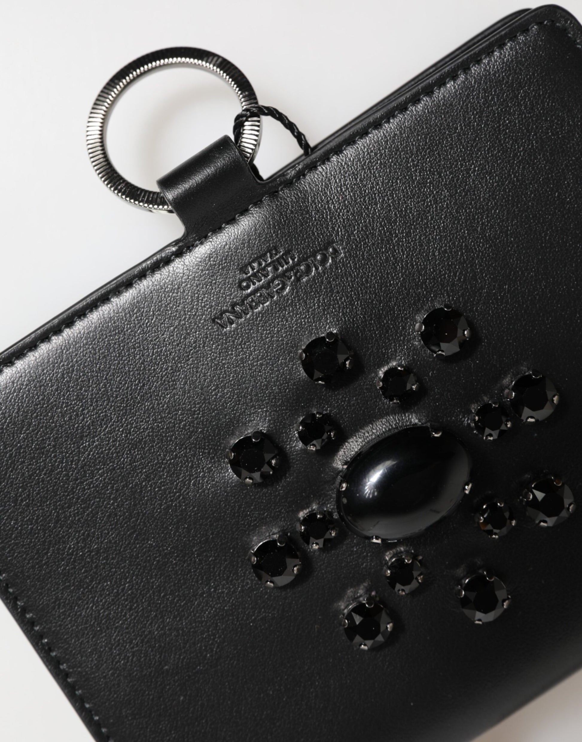 Dolce & Gabbana Black Leather Crystal Embellished Card Holder Wallet Curated Luxury Accessories by Orvyn