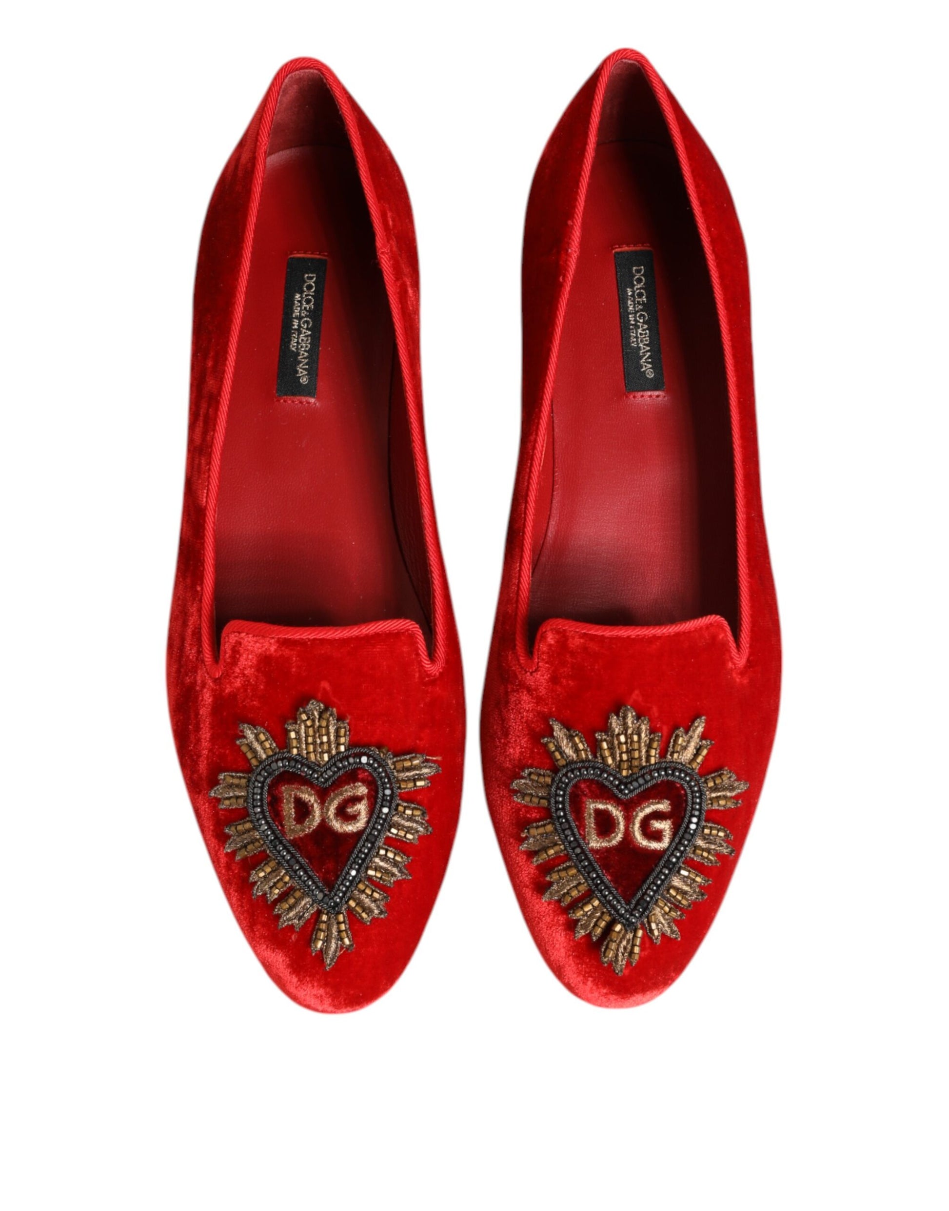 Dolce & Gabbana Red Velvet DG Heart Loafers Flat Shoes Curated Luxury Accessories by Orvyn