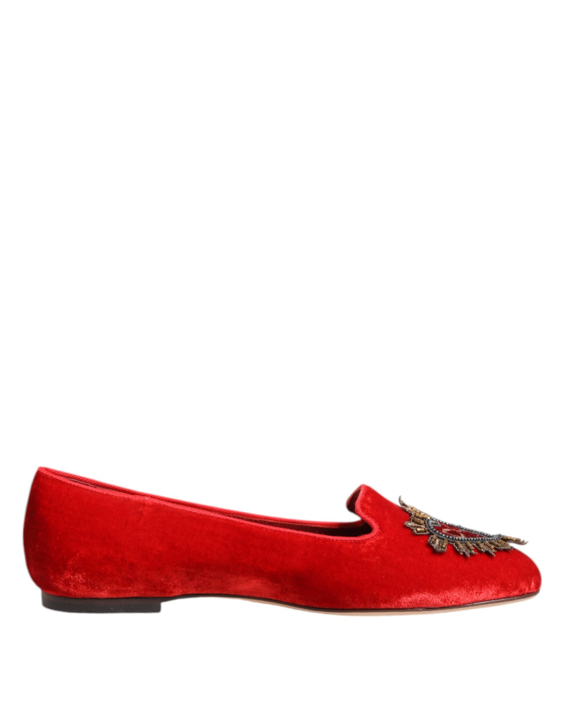 Dolce & Gabbana Red Velvet DG Heart Loafers Flat Shoes Curated Luxury Accessories by Orvyn