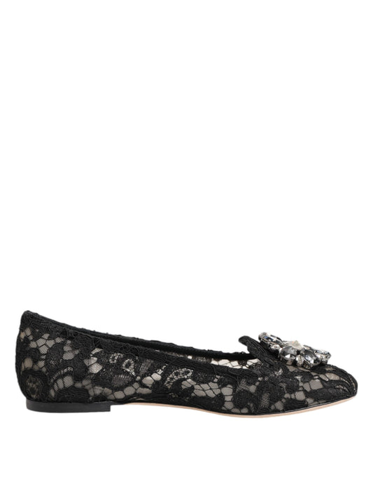 Dolce & Gabbana Black Taormina Lace Crystals Flats Shoes Curated Luxury Accessories by Orvyn