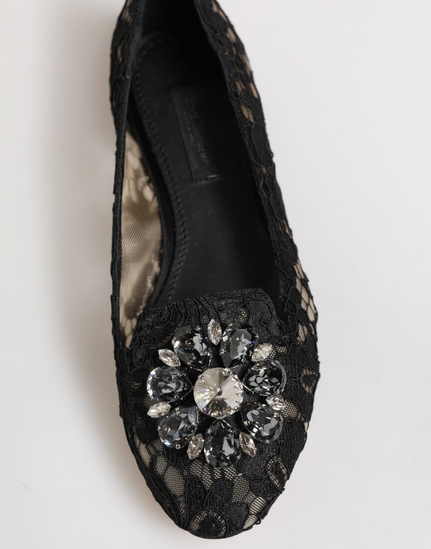 Dolce & Gabbana Black Taormina Lace Crystals Flats Shoes Curated Luxury Accessories by Orvyn