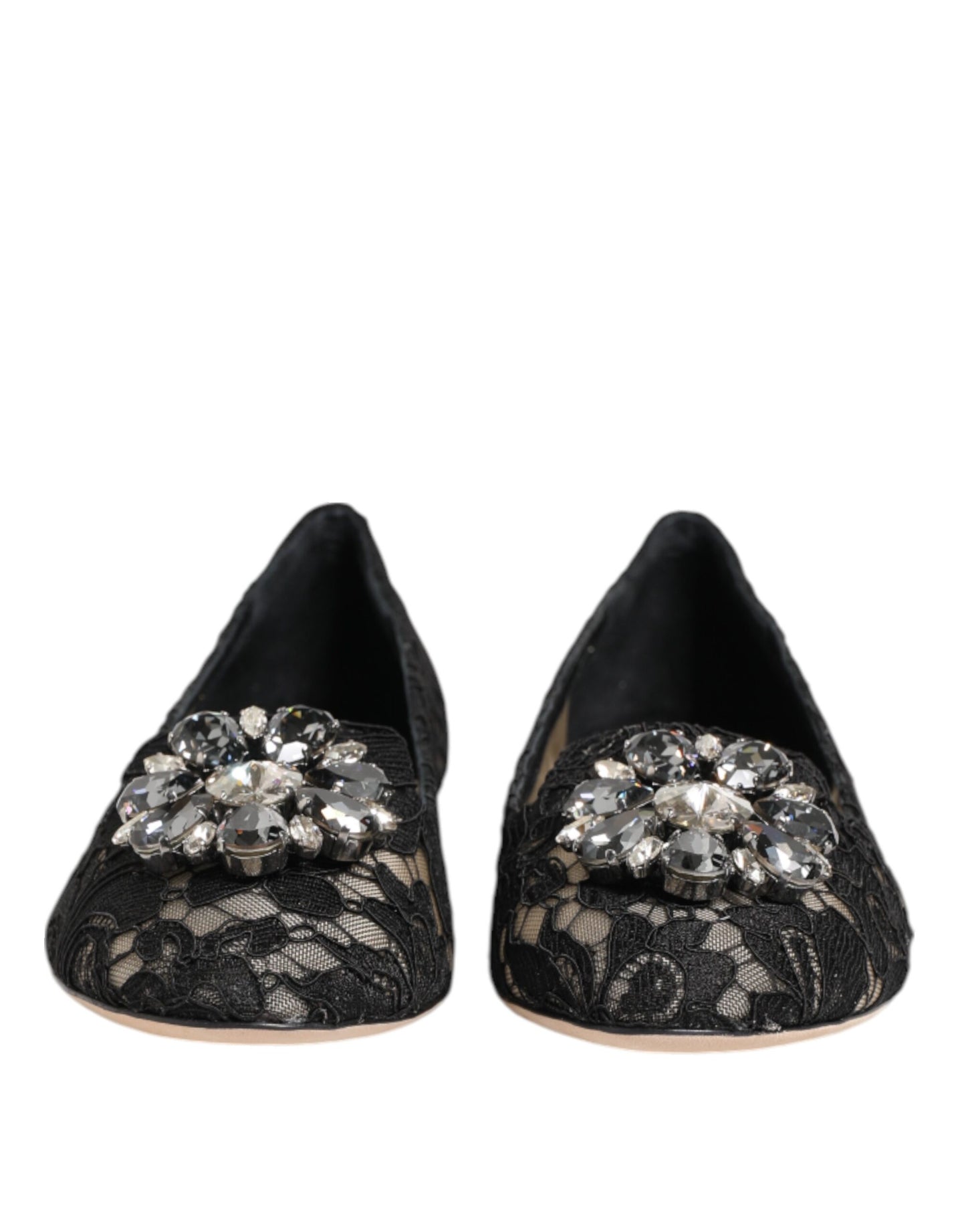 Dolce & Gabbana Black Taormina Lace Crystals Flats Shoes Curated Luxury Accessories by Orvyn