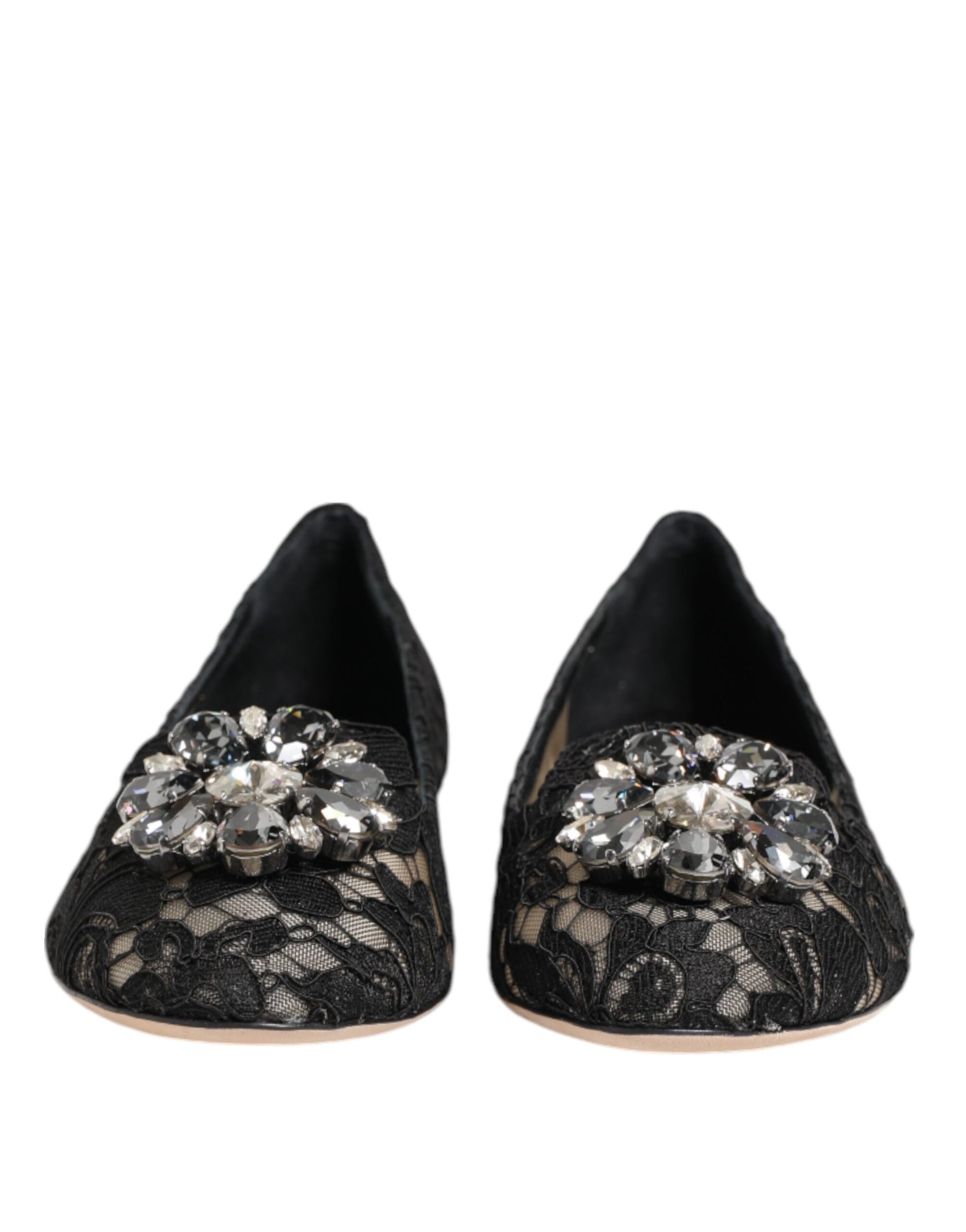 Dolce & Gabbana Black Taormina Lace Crystals Flats Shoes Curated Luxury Accessories by Orvyn