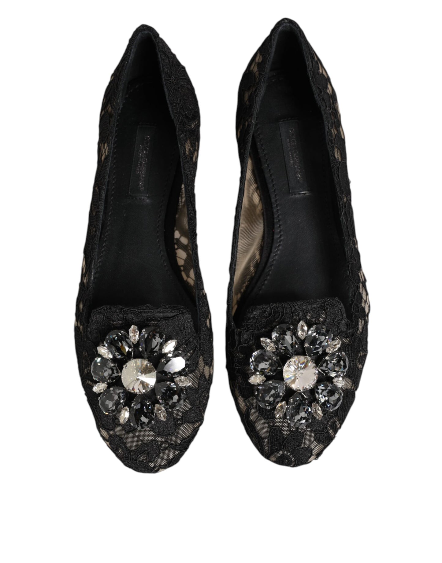 Dolce & Gabbana Black Taormina Lace Crystals Flats Shoes Curated Luxury Accessories by Orvyn