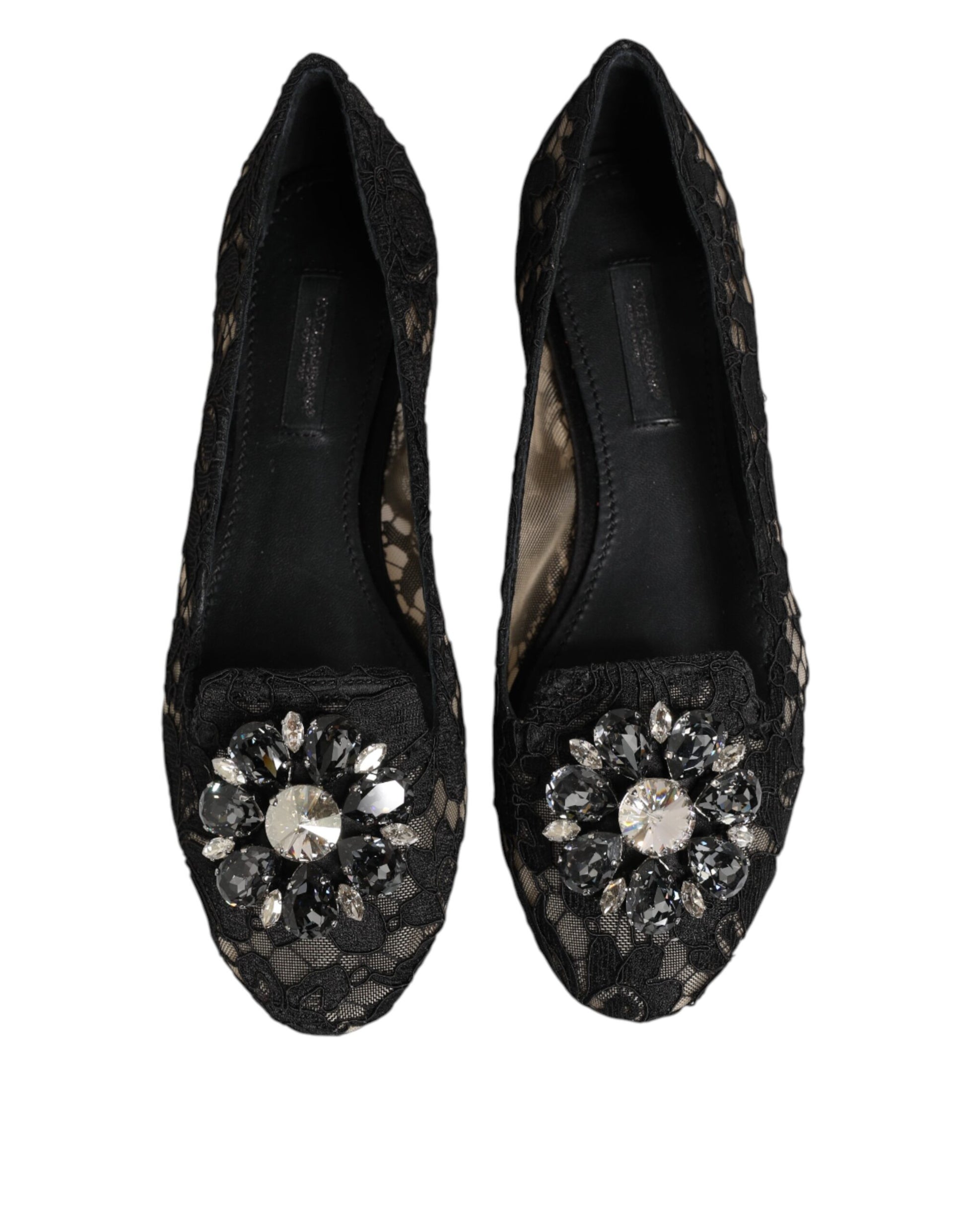 Dolce & Gabbana Black Taormina Lace Crystals Flats Shoes Curated Luxury Accessories by Orvyn