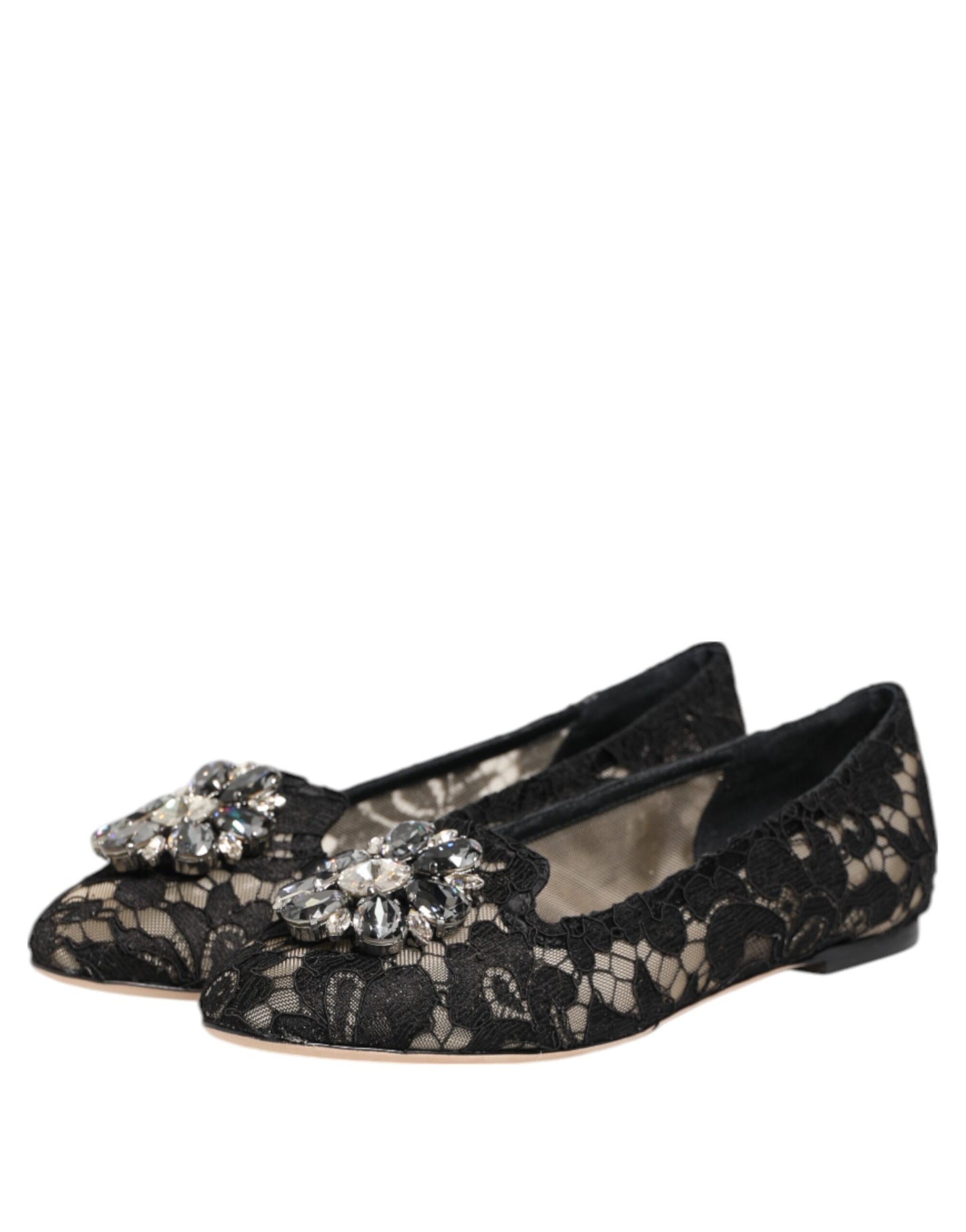 Dolce & Gabbana Black Taormina Lace Crystals Flats Shoes Curated Luxury Accessories by Orvyn