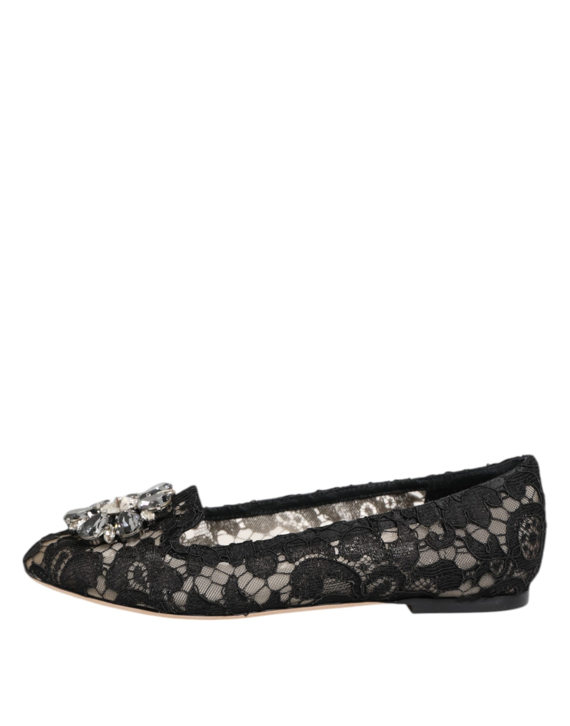 Dolce & Gabbana Black Taormina Lace Crystals Flats Shoes Curated Luxury Accessories by Orvyn
