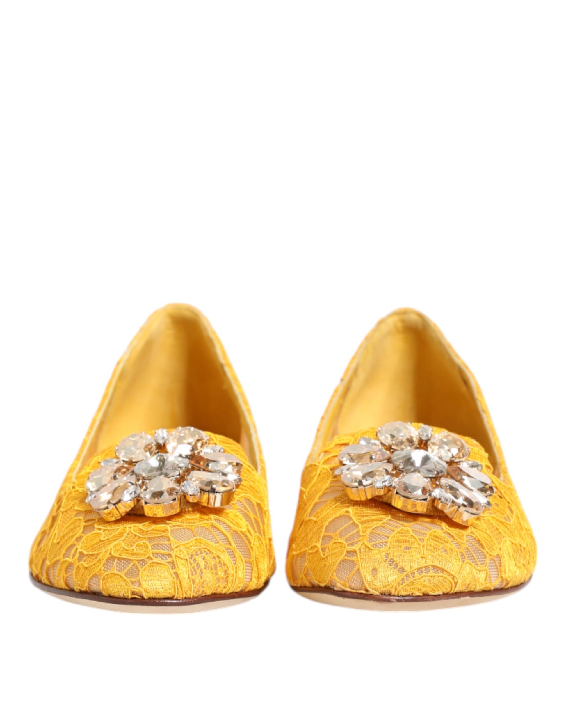 Dolce & Gabbana Yellow Taormina Lace Crystals Flats Shoes Curated Luxury Accessories by Orvyn