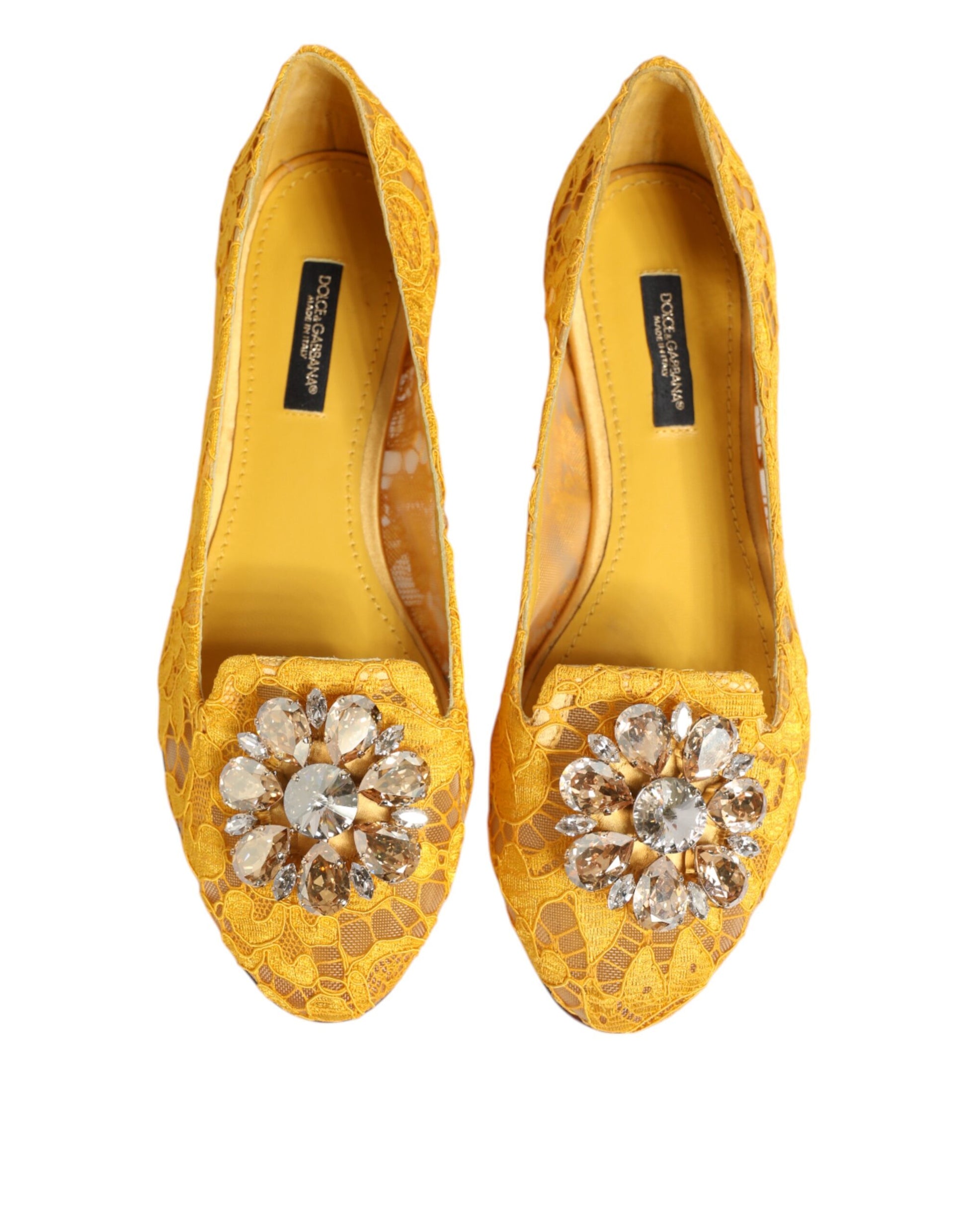 Dolce & Gabbana Yellow Taormina Lace Crystals Flats Shoes Curated Luxury Accessories by Orvyn