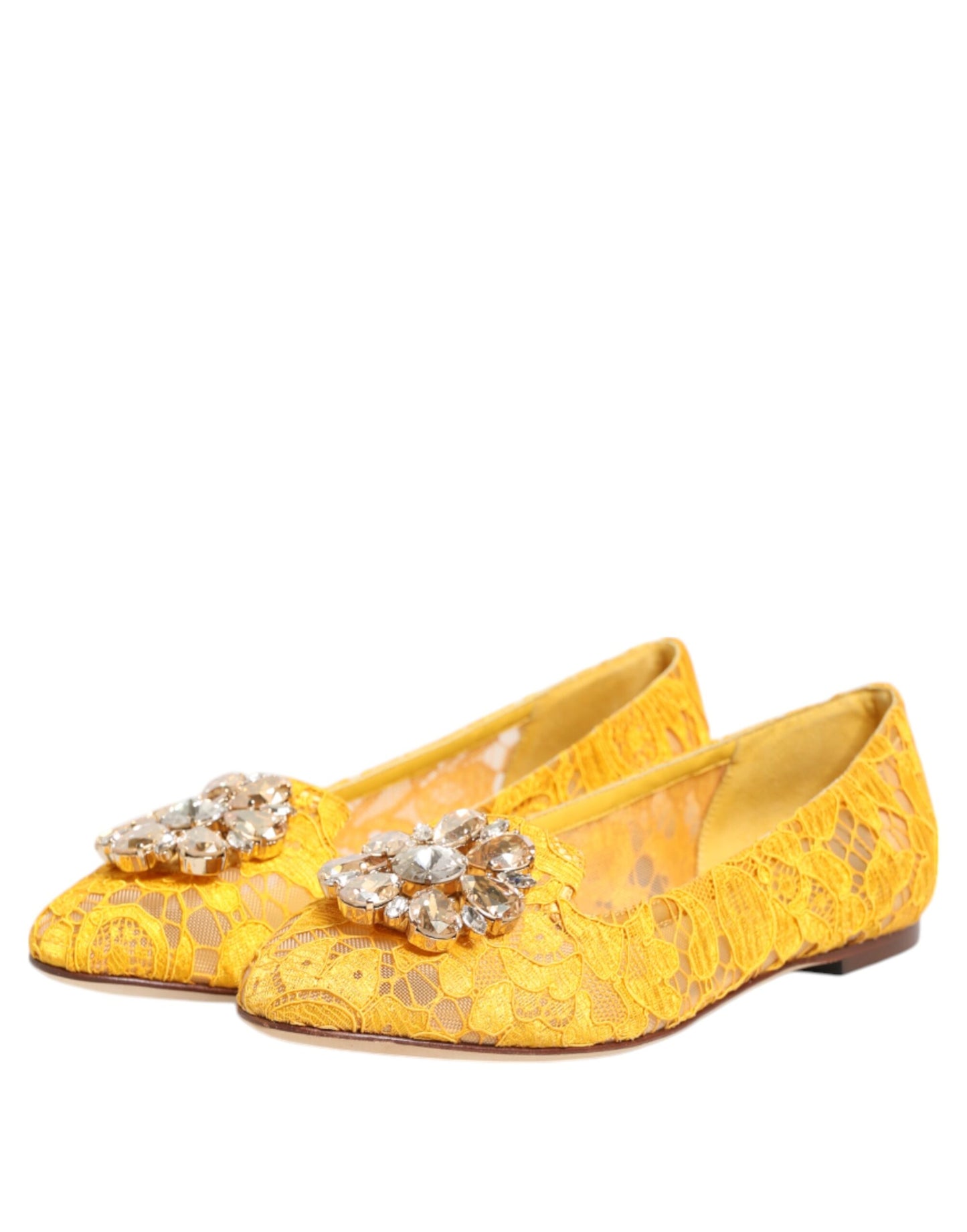 Dolce & Gabbana Yellow Taormina Lace Crystals Flats Shoes Curated Luxury Accessories by Orvyn