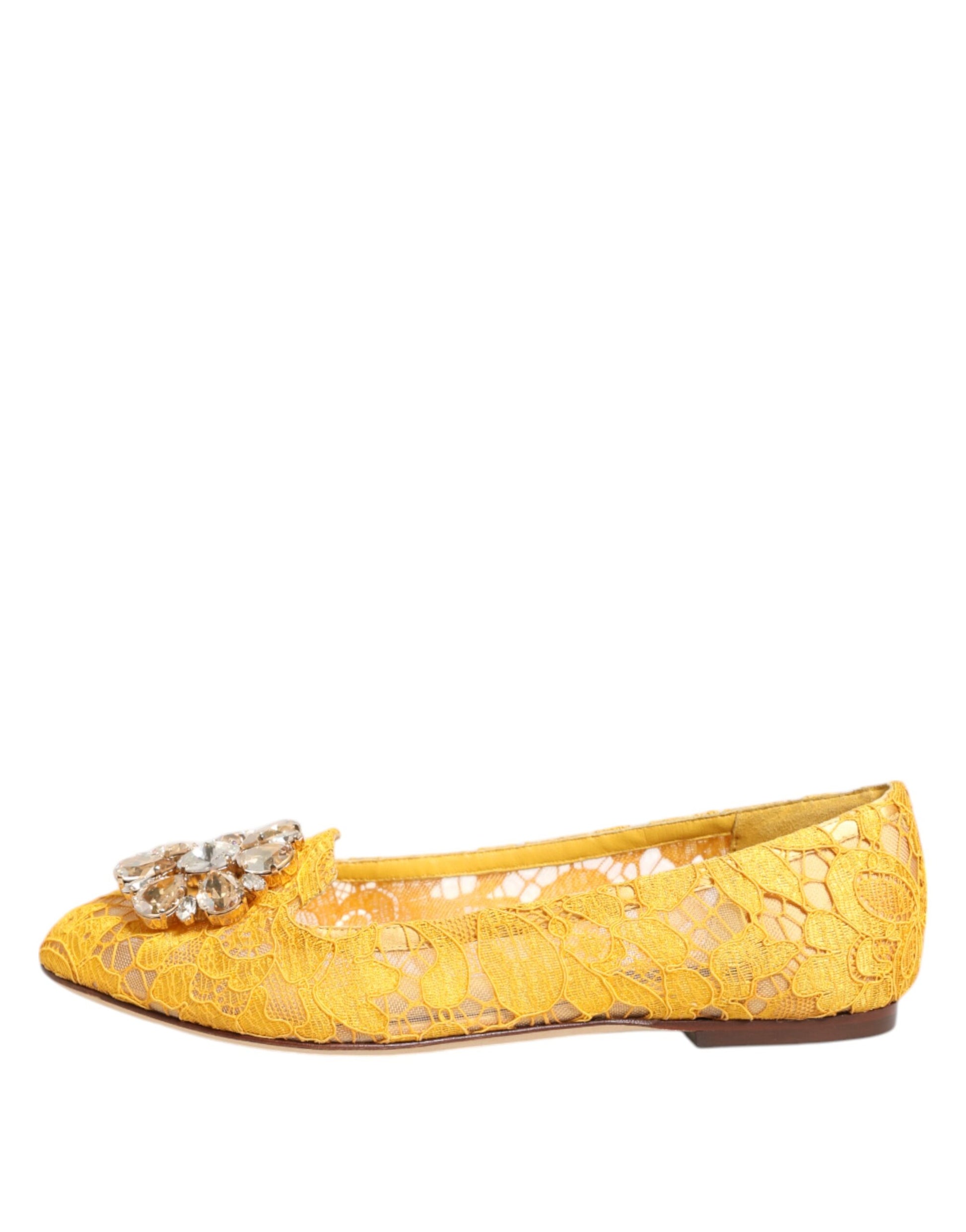 Dolce & Gabbana Yellow Taormina Lace Crystals Flats Shoes Curated Luxury Accessories by Orvyn