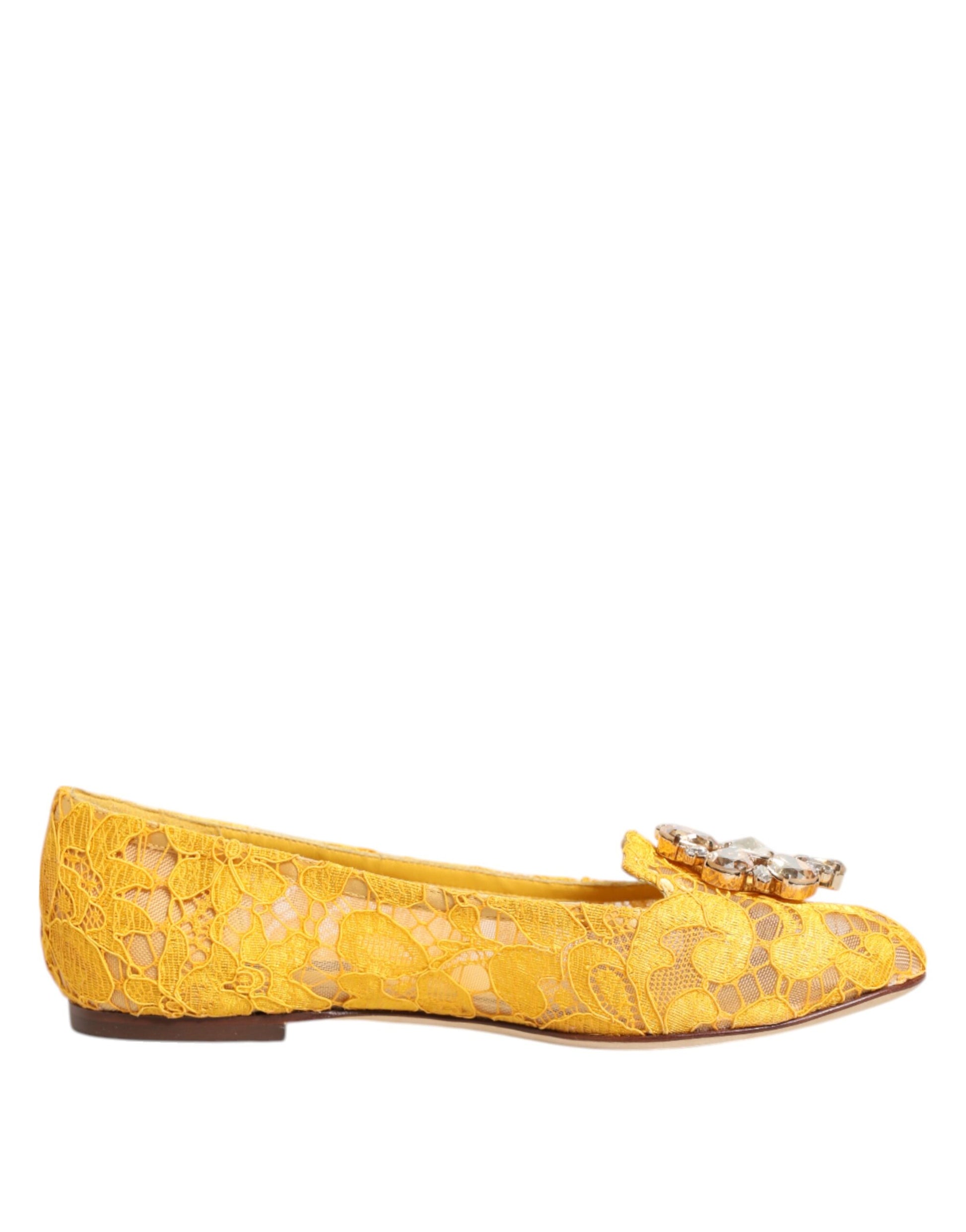 Dolce & Gabbana Yellow Taormina Lace Crystals Flats Shoes Curated Luxury Accessories by Orvyn