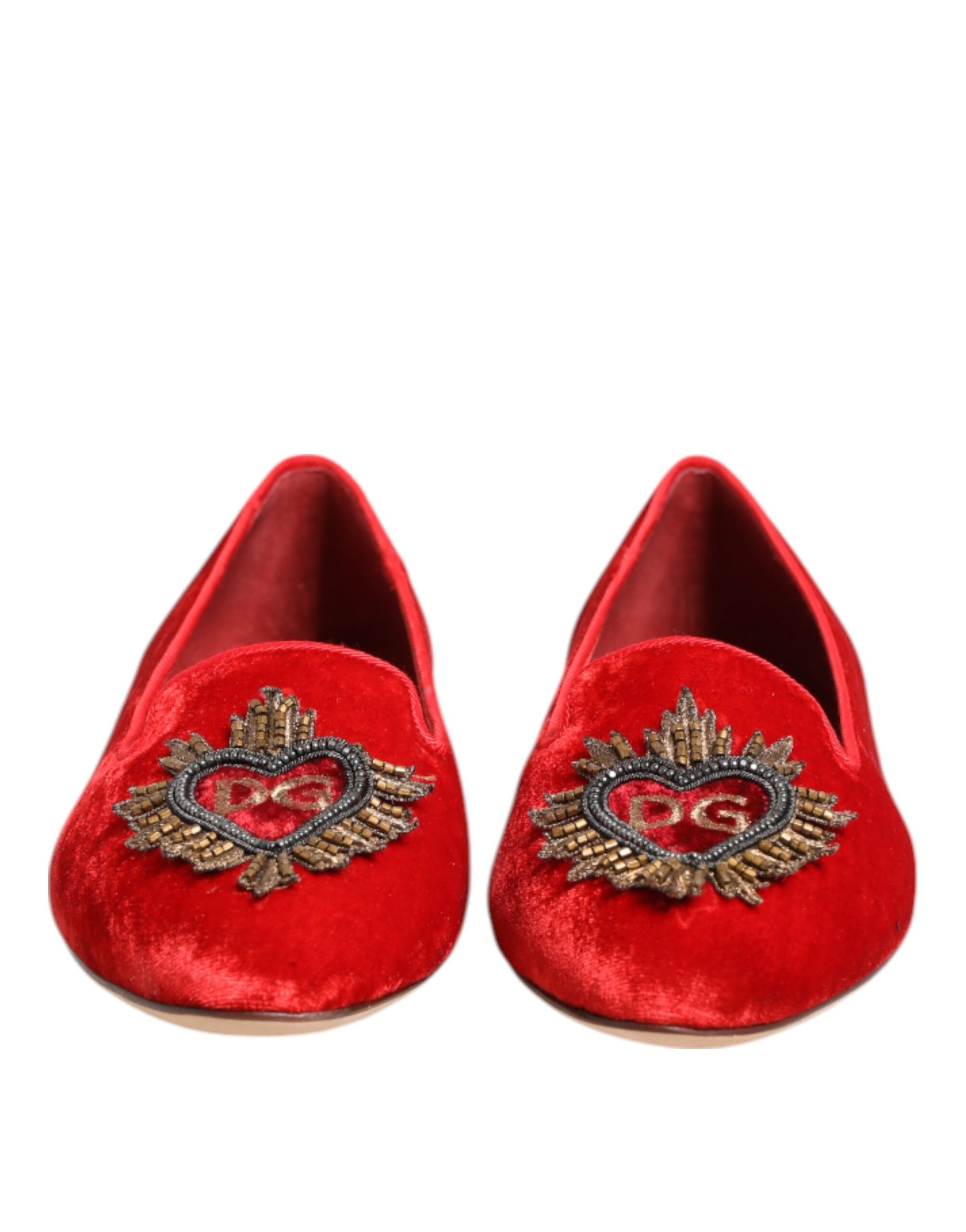 Dolce & Gabbana Red Velvet DG Heart Loafers Flats Shoes Curated Luxury Accessories by Orvyn