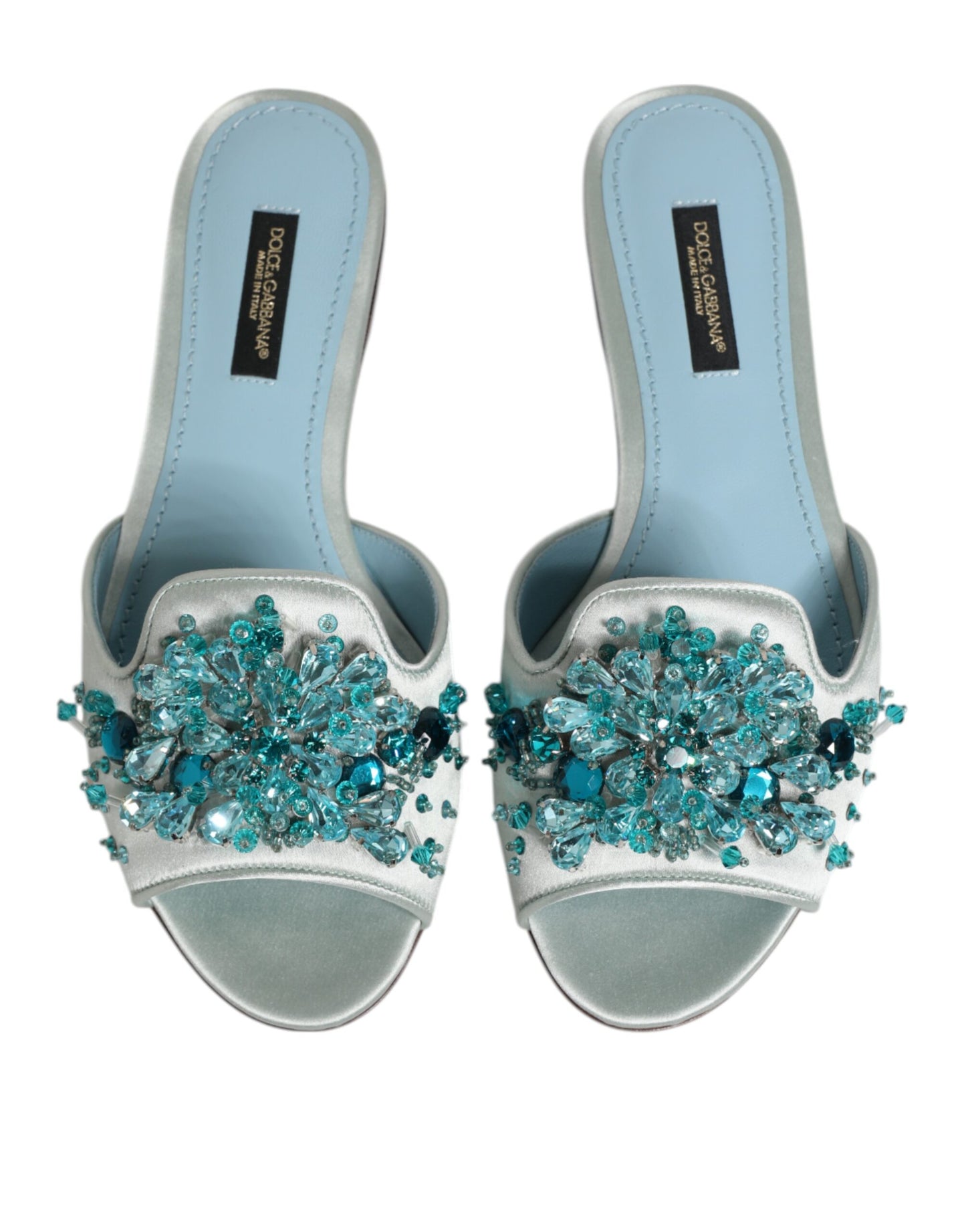 Dolce & Gabbana Silver Blue Leather Bead Embellish Slide Shoes Curated Luxury Accessories by Orvyn