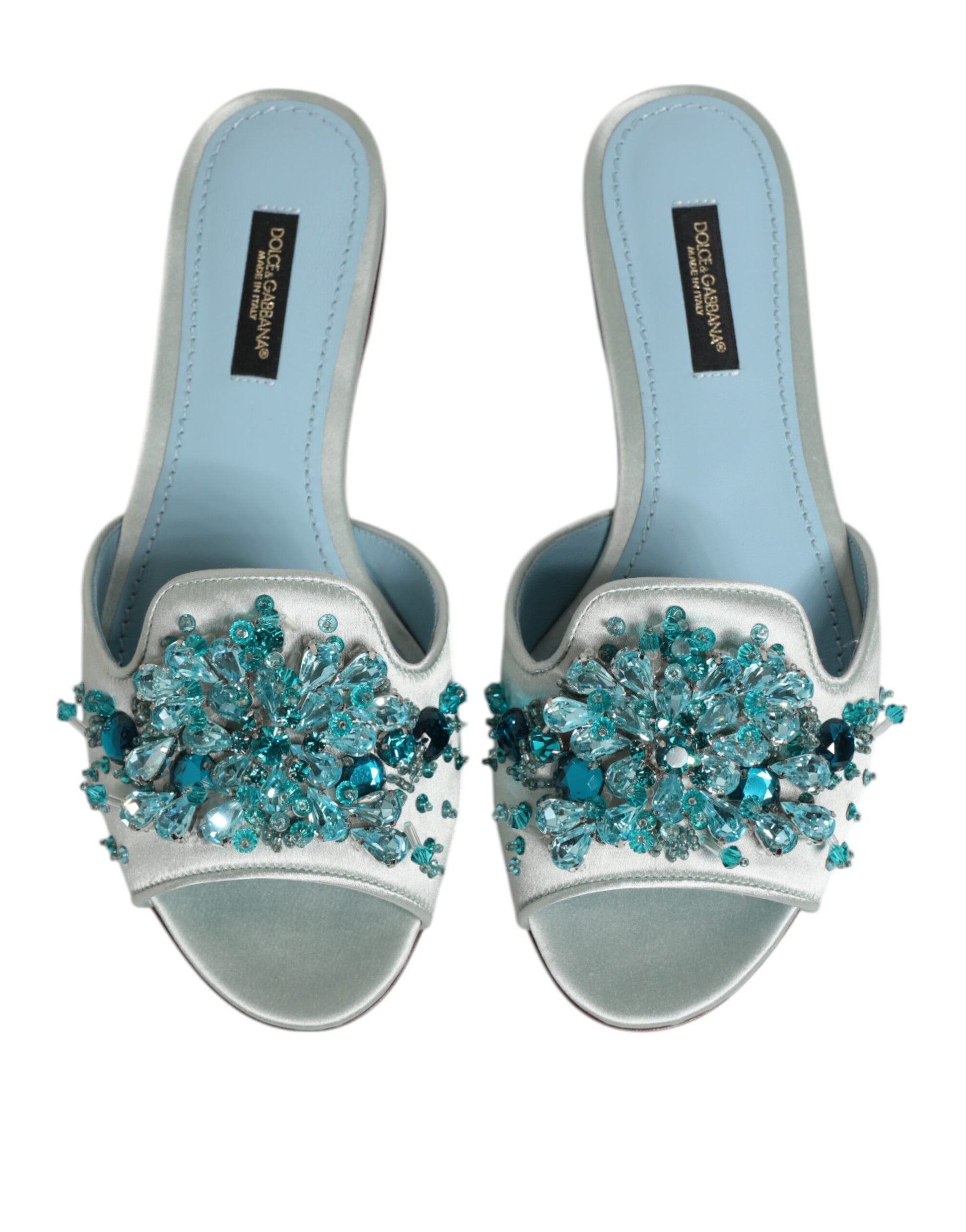 Dolce & Gabbana Silver Blue Leather Bead Embellish Slide Shoes Curated Luxury Accessories by Orvyn
