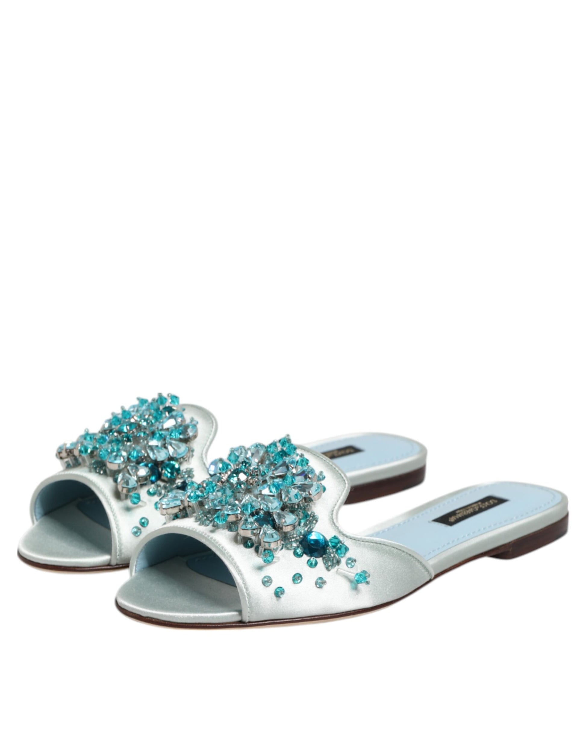 Dolce & Gabbana Silver Blue Leather Bead Embellish Slide Shoes Curated Luxury Accessories by Orvyn