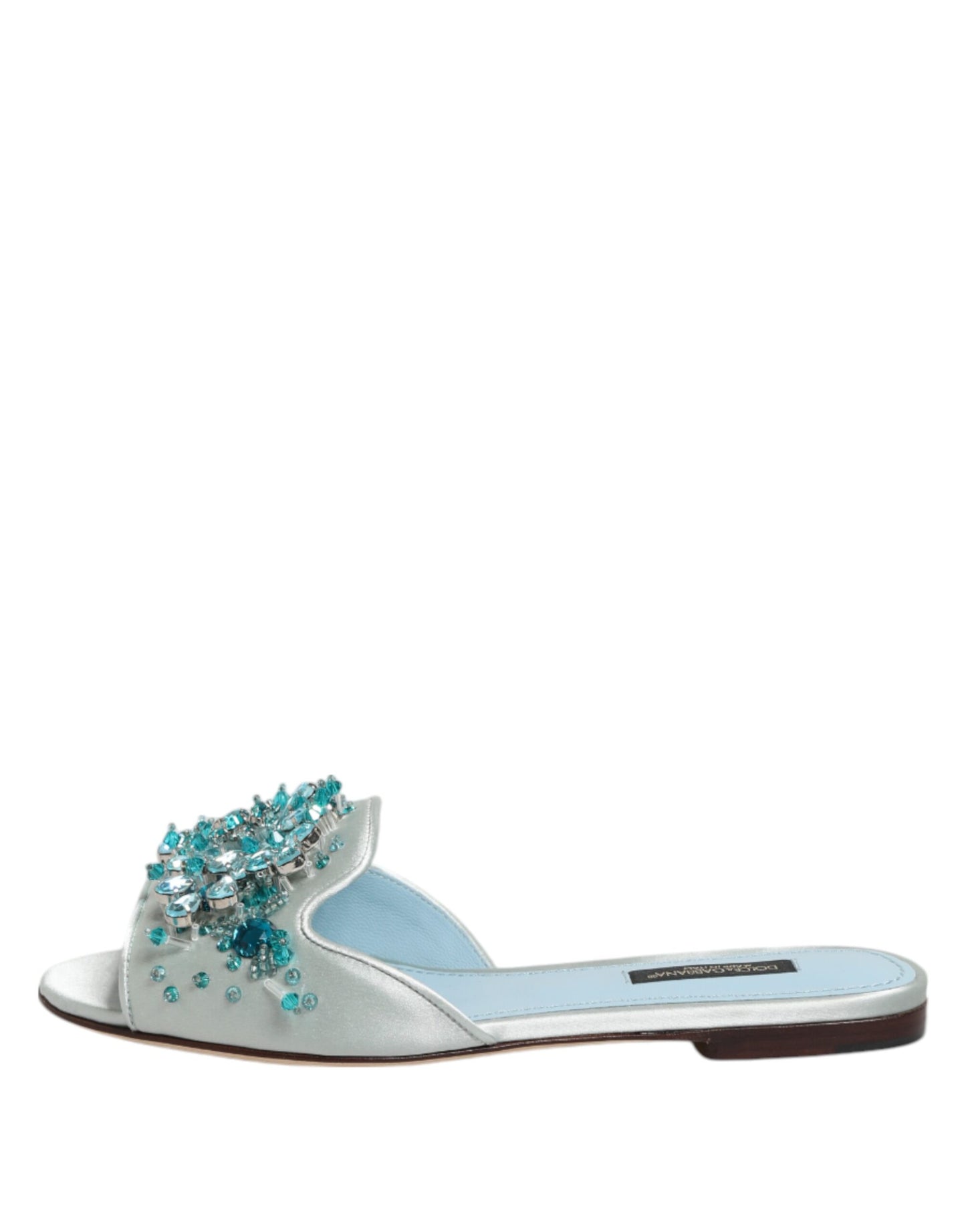 Dolce & Gabbana Silver Blue Leather Bead Embellish Slide Shoes Curated Luxury Accessories by Orvyn