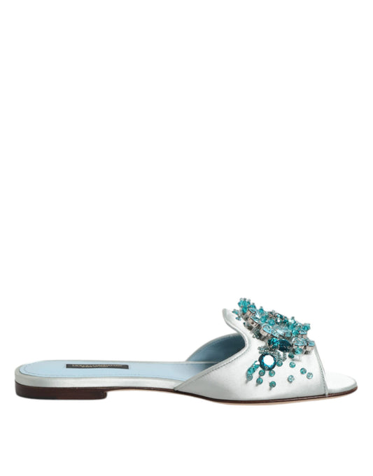 Dolce & Gabbana Silver Blue Leather Bead Embellish Slide Shoes Curated Luxury Accessories by Orvyn