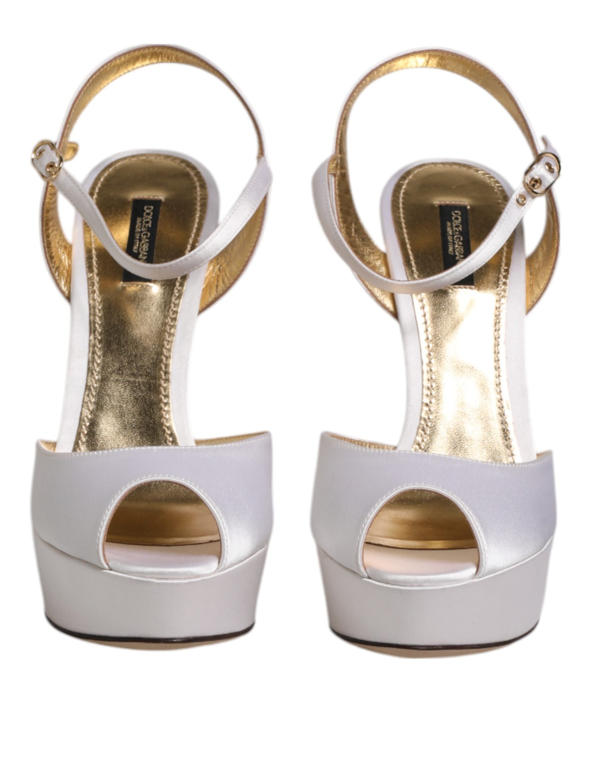 Dolce & Gabbana White Satin Platform Heels Sandals Shoes Curated Luxury Accessories by Orvyn