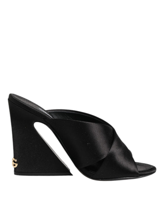 Dolce & Gabbana Black Logo KEIRA Satin Slides Sandals Shoes Curated Luxury Accessories by Orvyn