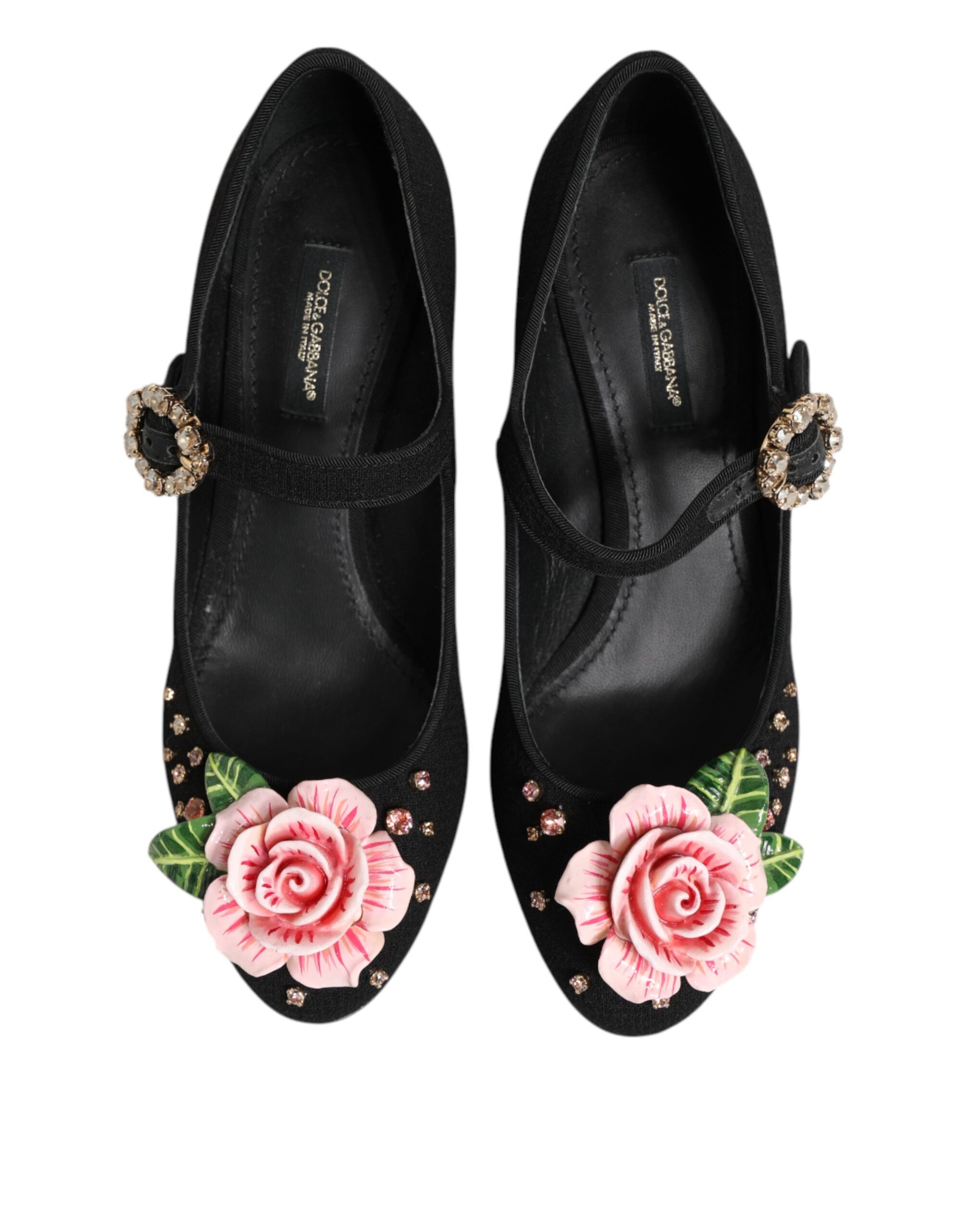 Dolce & Gabbana Black Flower Crystal Embellished Mary Jane Shoes Curated Luxury Accessories by Orvyn