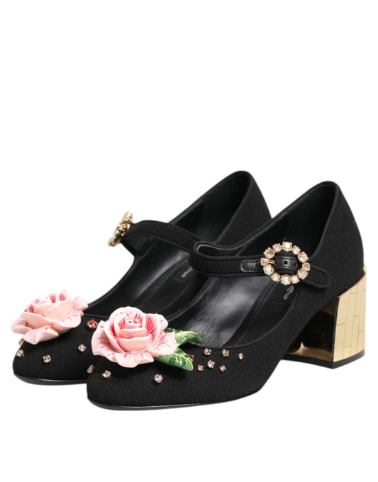 Dolce & Gabbana Black Flower Crystal Embellished Mary Jane Shoes Curated Luxury Accessories by Orvyn