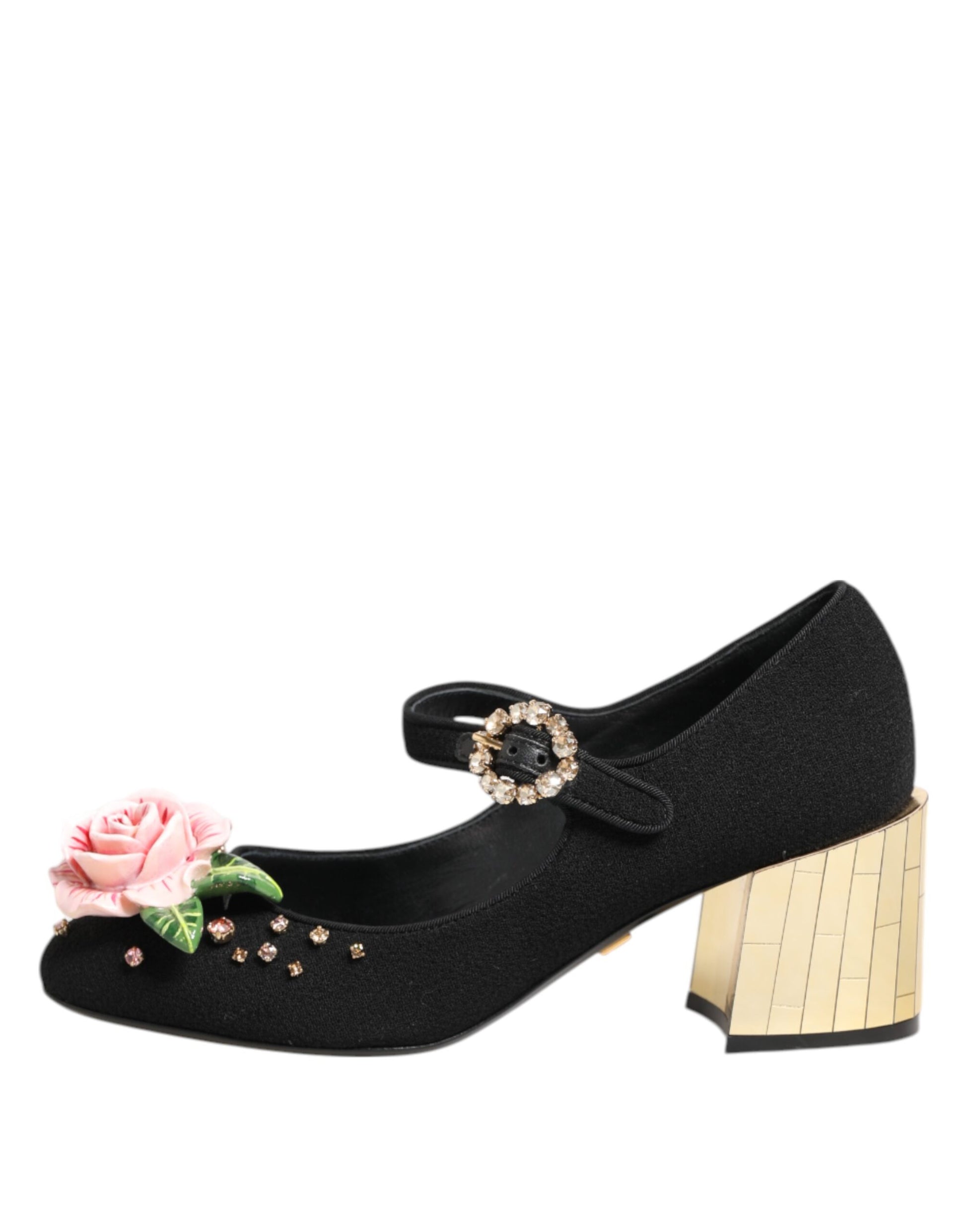 Dolce & Gabbana Black Flower Crystal Embellished Mary Jane Shoes Curated Luxury Accessories by Orvyn