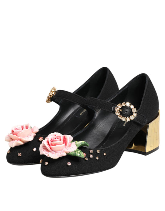 Dolce & Gabbana Black Flower Crystal Embellished Mary Jane Shoes Curated Luxury Accessories by Orvyn