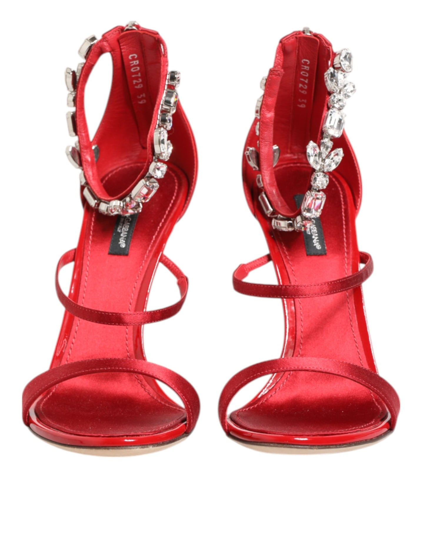 Dolce & Gabbana Red Satin Crystals Keira Sandals Heels Shoes Curated Luxury Accessories by Orvyn