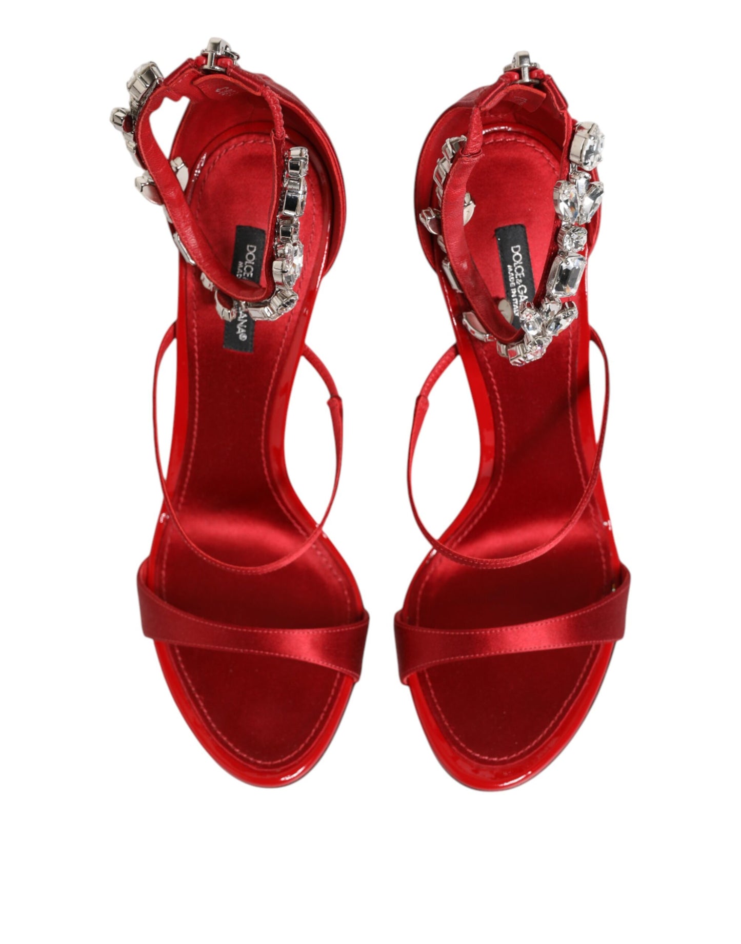 Dolce & Gabbana Red Satin Crystals Keira Sandals Heels Shoes Curated Luxury Accessories by Orvyn