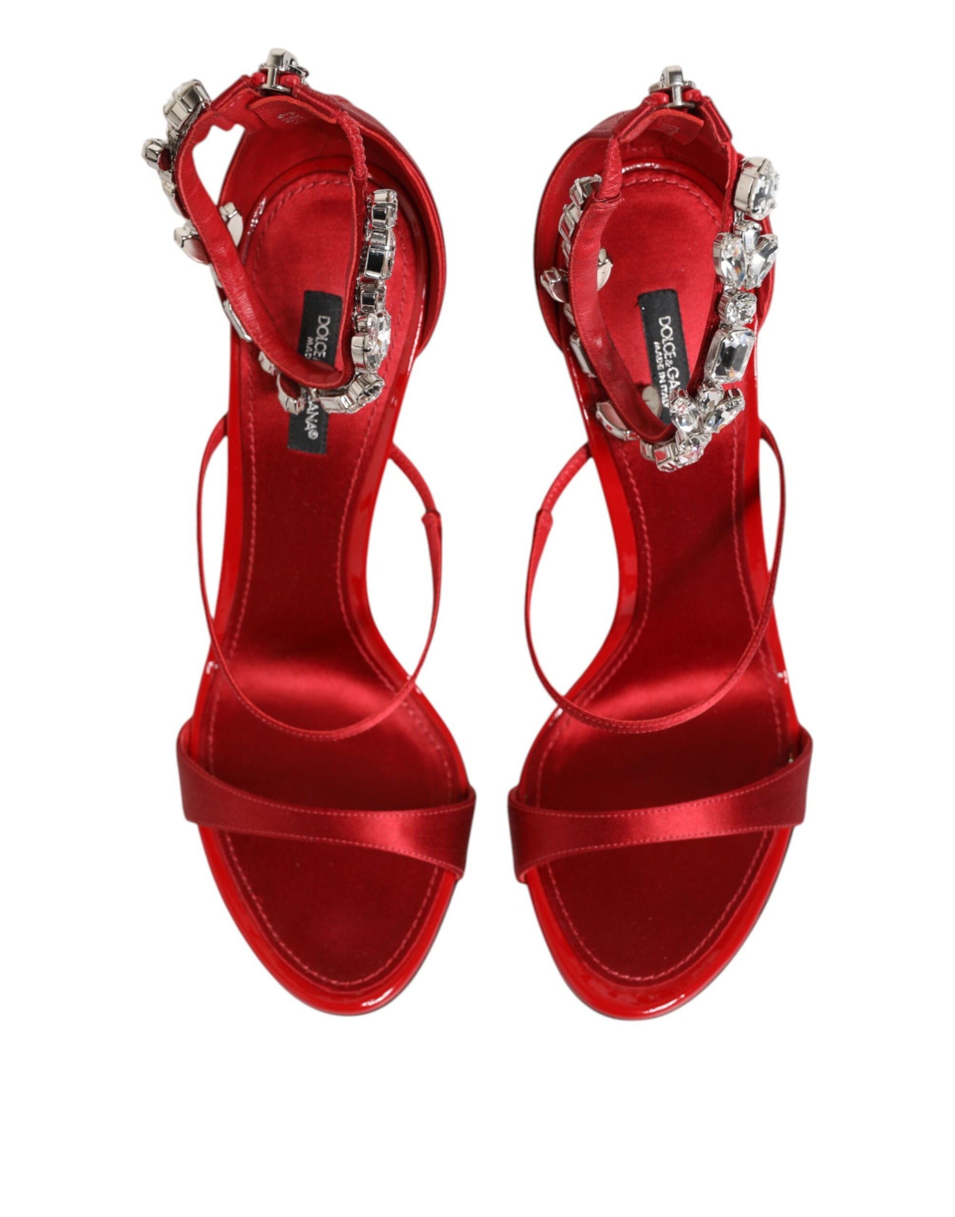 Dolce & Gabbana Red Satin Crystals Keira Sandals Heels Shoes Curated Luxury Accessories by Orvyn