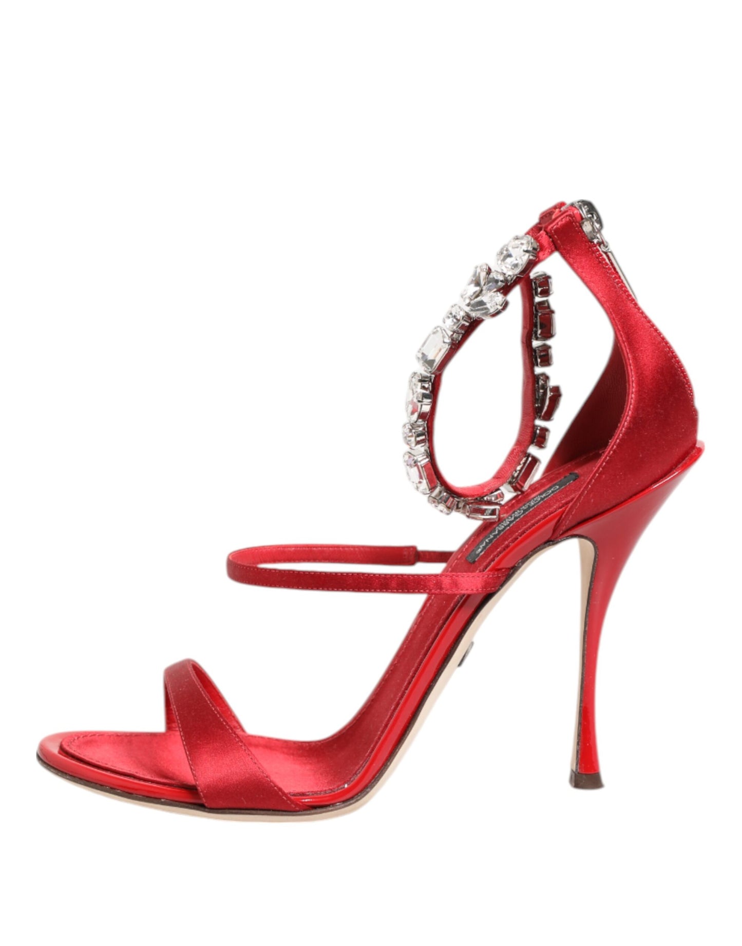 Dolce & Gabbana Red Satin Crystals Keira Sandals Heels Shoes Curated Luxury Accessories by Orvyn