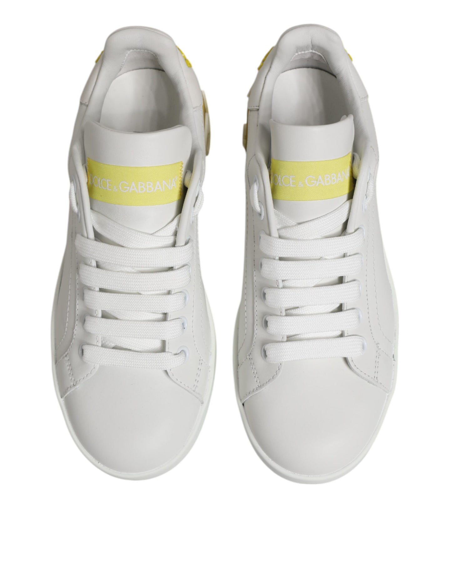 Dolce & Gabbana White Yellow Leather Low Top Sneakers Shoes Curated Luxury Accessories by Orvyn