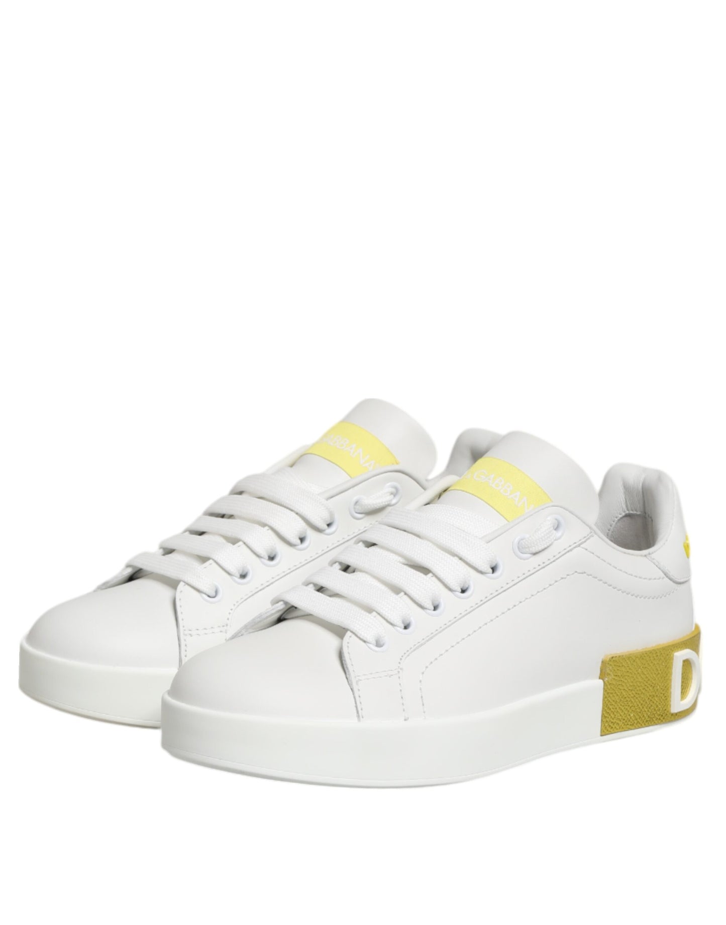 Dolce & Gabbana White Yellow Leather Low Top Sneakers Shoes Curated Luxury Accessories by Orvyn