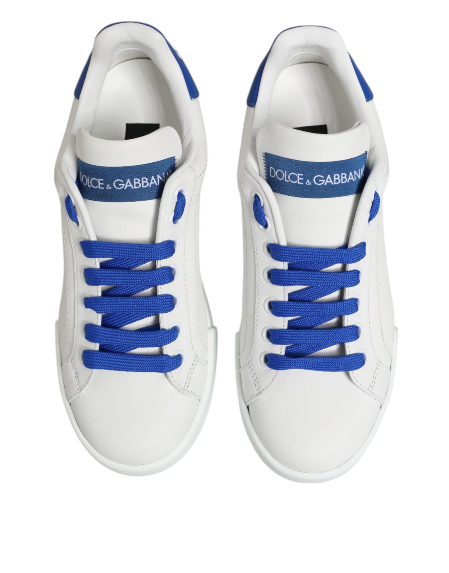 Dolce & Gabbana White Blue Leather Low Top Sneakers Shoes Curated Luxury Accessories by Orvyn
