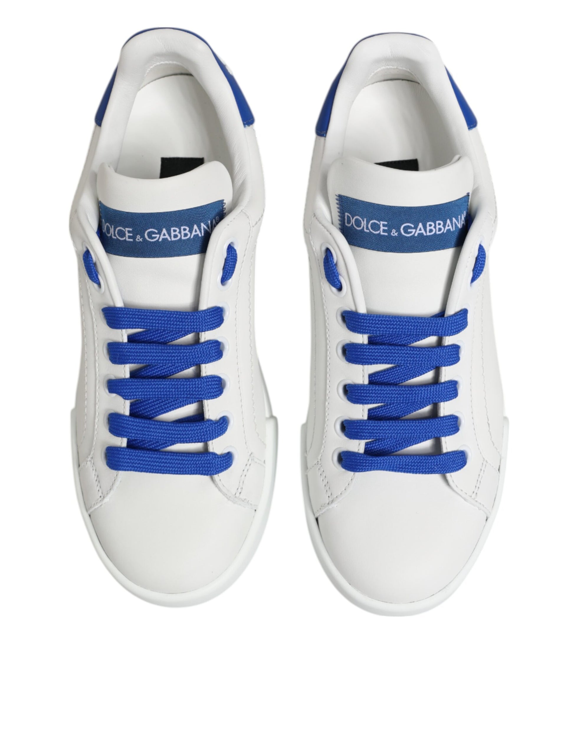 Dolce & Gabbana White Blue Leather Low Top Sneakers Shoes Curated Luxury Accessories by Orvyn