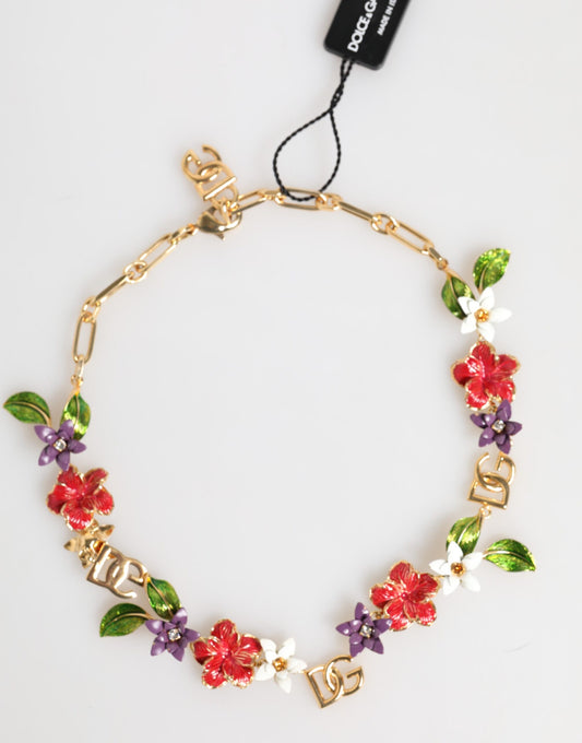Dolce & Gabbana Gold Brass Logo Detail Floral Fashion Jewelry Necklace Curated Luxury Accessories by Orvyn