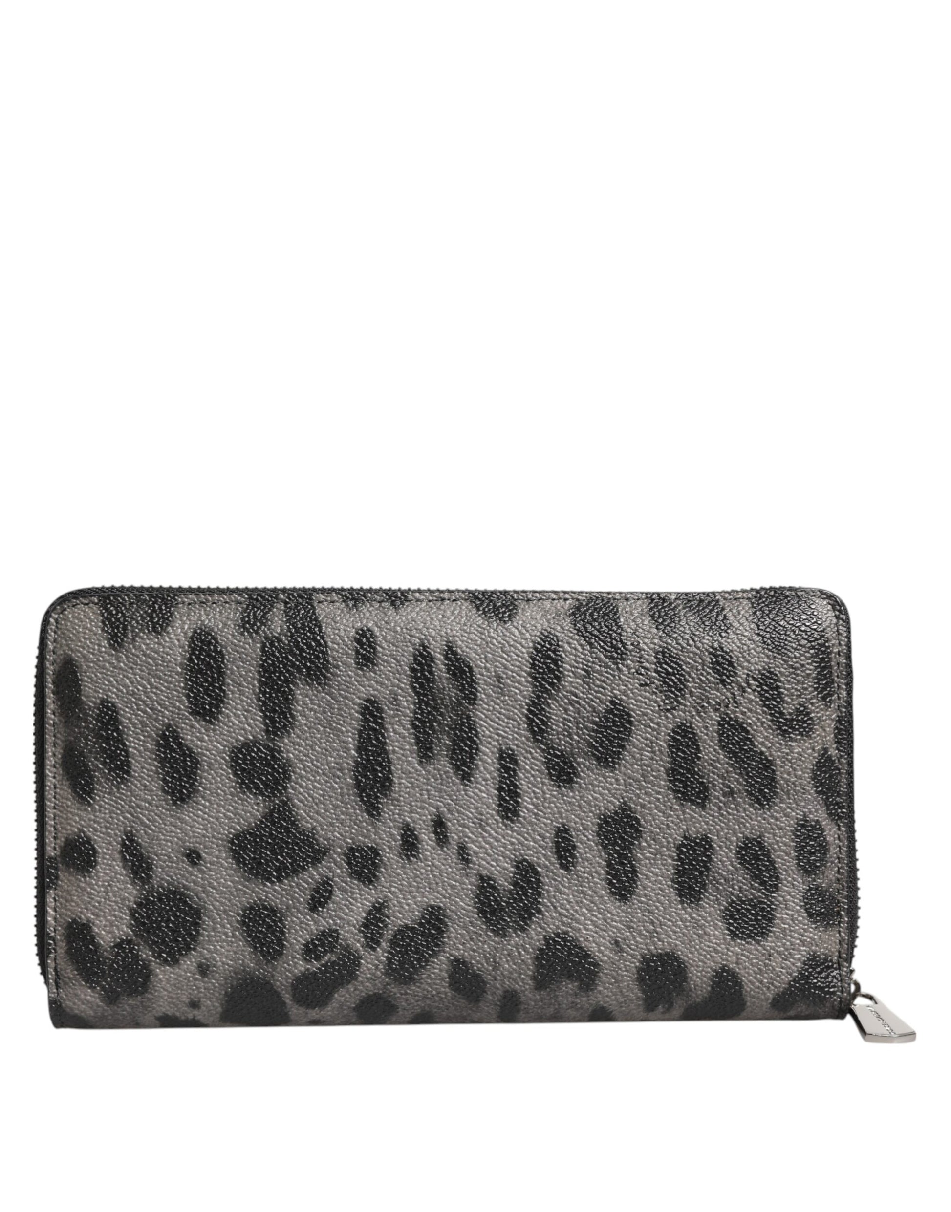 Dolce & Gabbana Black Gray Leopard Leather Zip Around Continental Wallet Curated Luxury Accessories by Orvyn