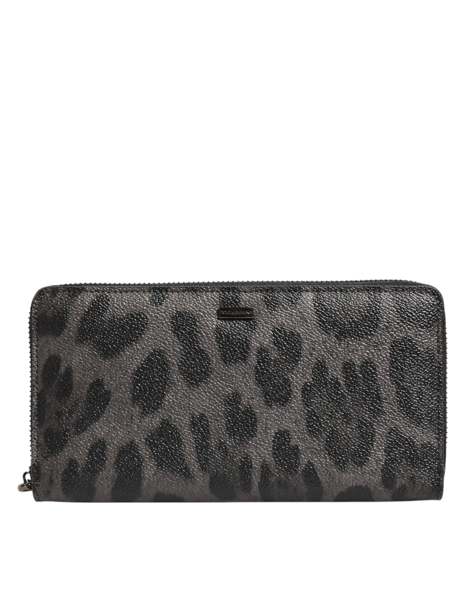 Dolce & Gabbana Black Gray Leopard Leather Zip Around Continental Wallet Curated Luxury Accessories by Orvyn