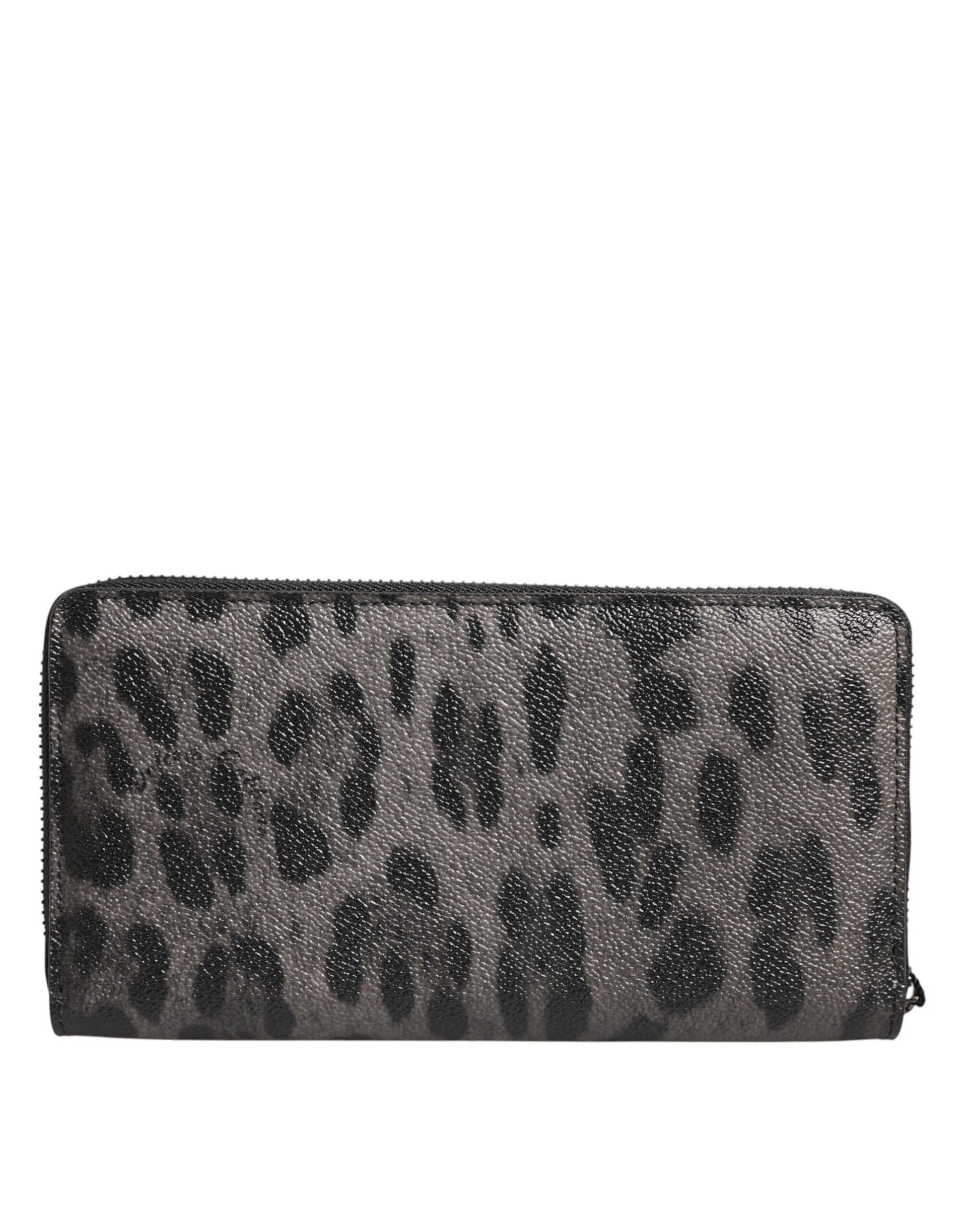 Dolce & Gabbana Black Gray Leopard Leather Zip Around Continental Wallet Curated Luxury Accessories by Orvyn