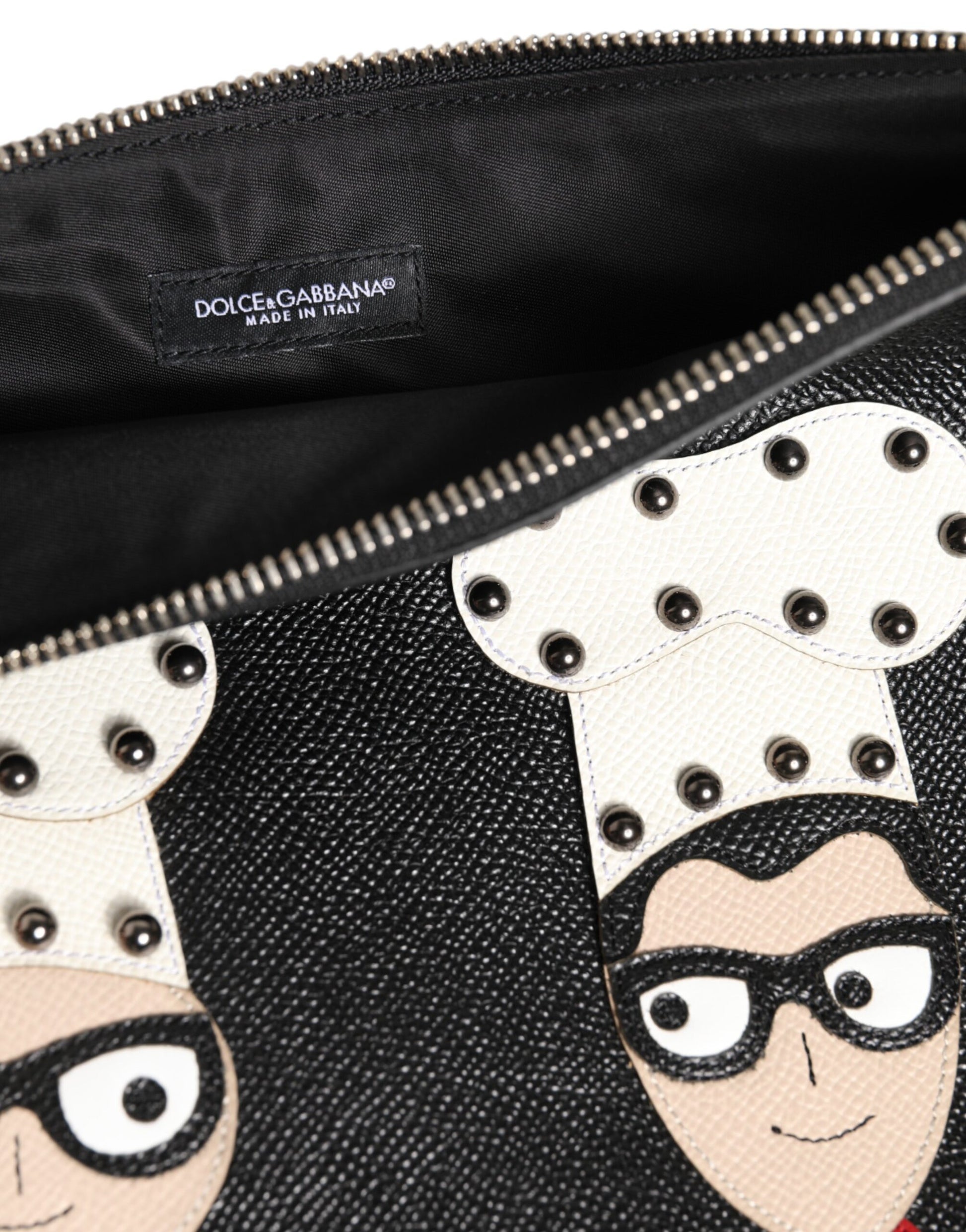 Dolce & Gabbana Black Leather #DGFAMILY Embellished Men Clutch Pouch Bag Curated Luxury Accessories by Orvyn