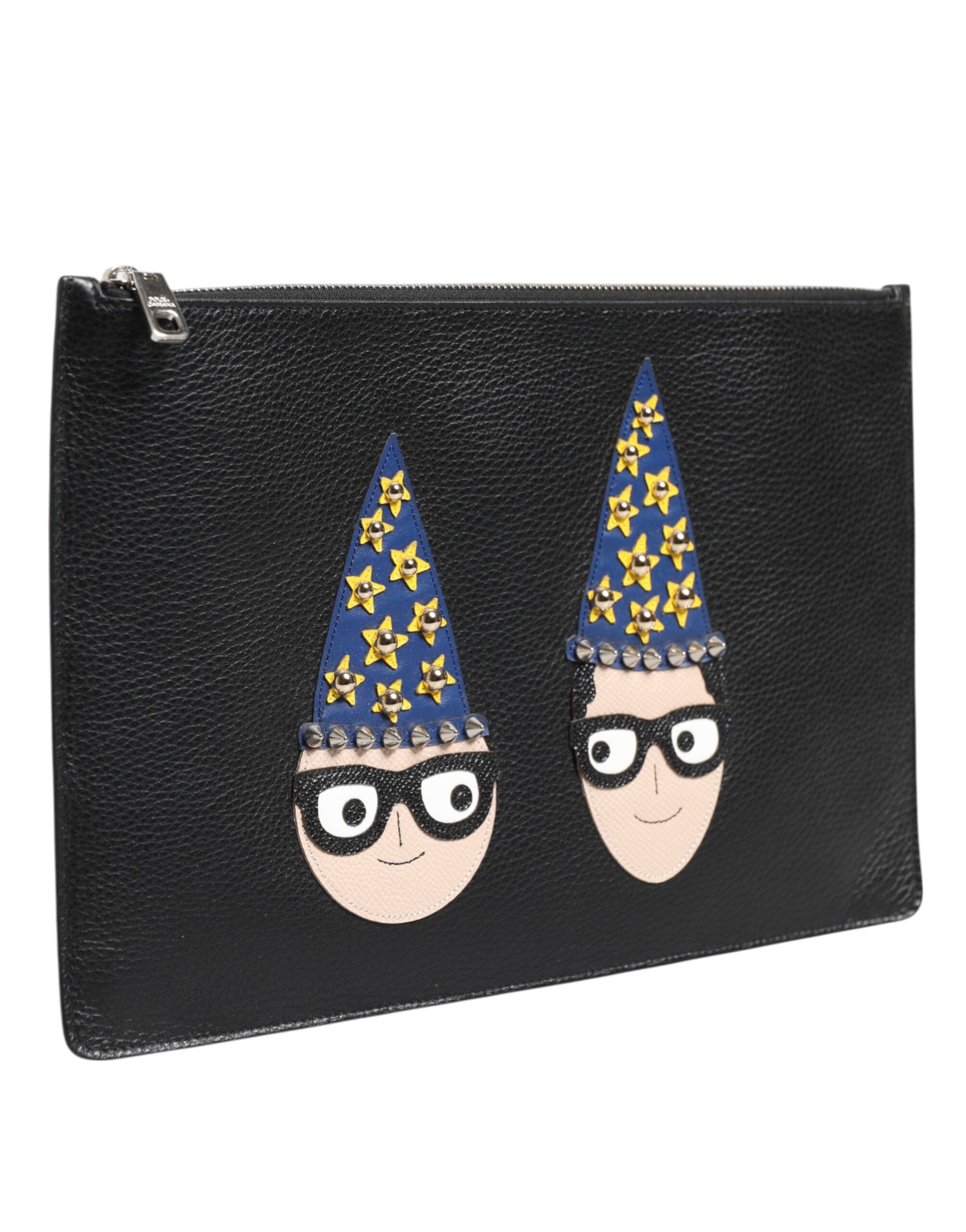 Dolce & Gabbana Black Leather #DGFAMILY Embellished Men Clutch Pouch Bag schwarz