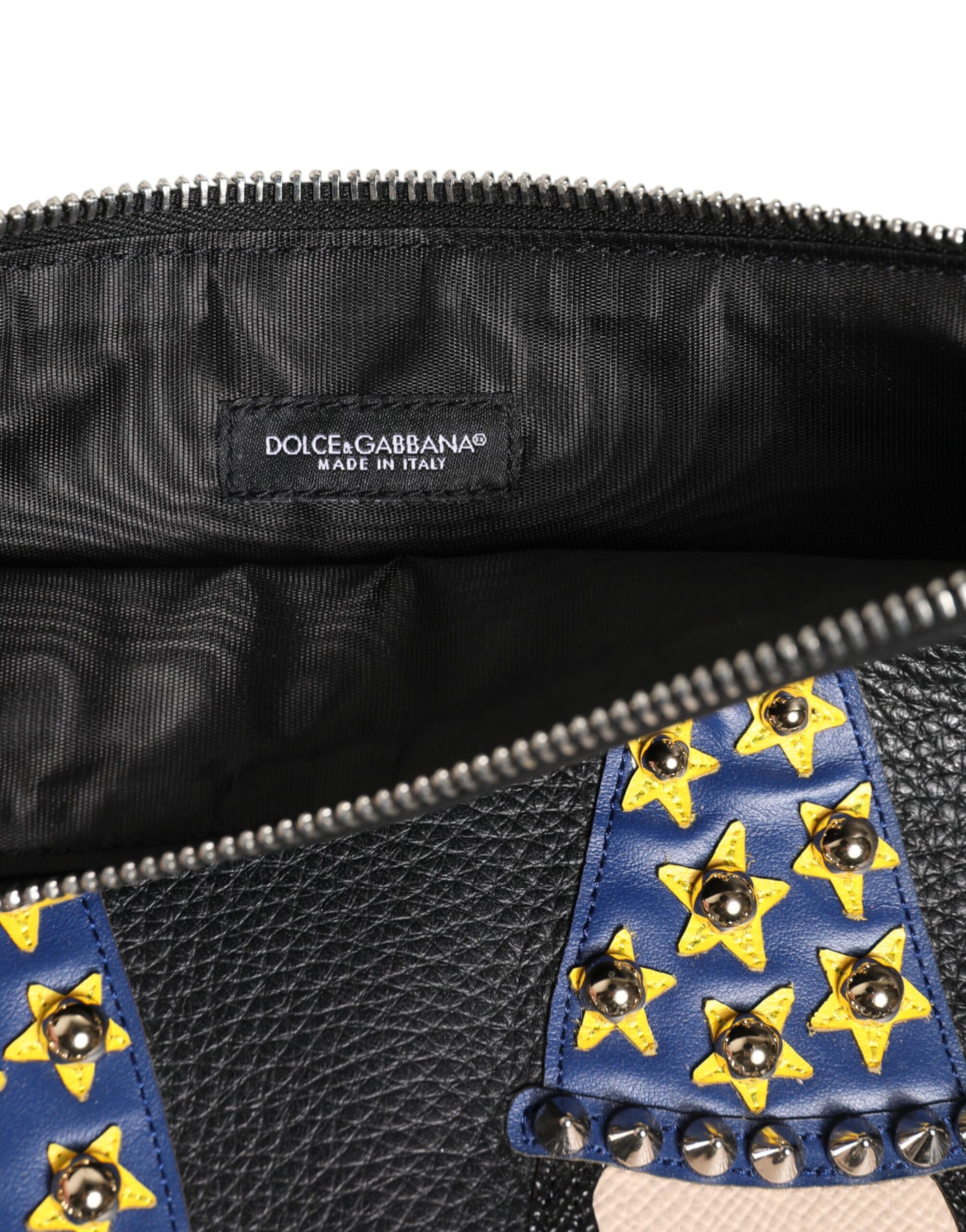Dolce & Gabbana Black Leather #DGFAMILY Embellished Men Clutch Pouch Bag schwarz