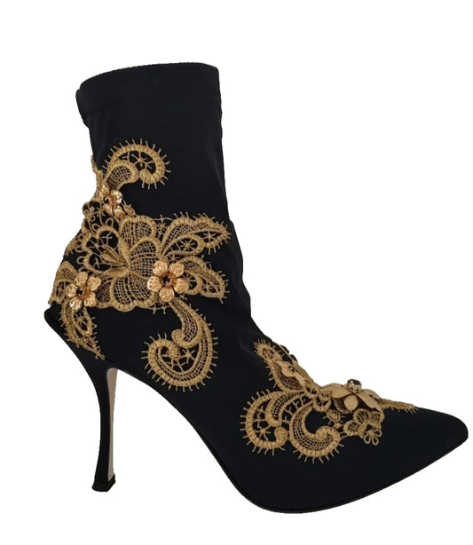 Dolce & Gabbana Black Gold Embroidery Crystal Boots Shoes Curated Luxury Accessories by Orvyn