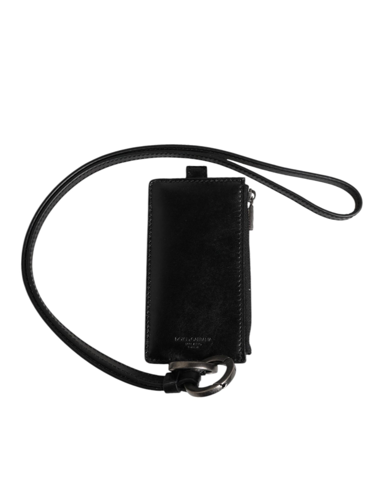 Dolce & Gabbana Black Leather Logo Embossed Lanyard Card Holder Wallet Curated Luxury Accessories by Orvyn