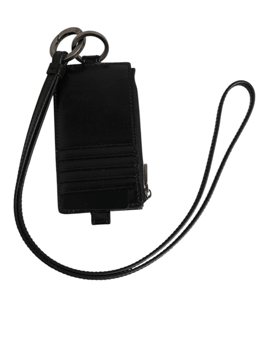 Dolce & Gabbana Black Leather Logo Embossed Lanyard Card Holder Wallet Curated Luxury Accessories by Orvyn